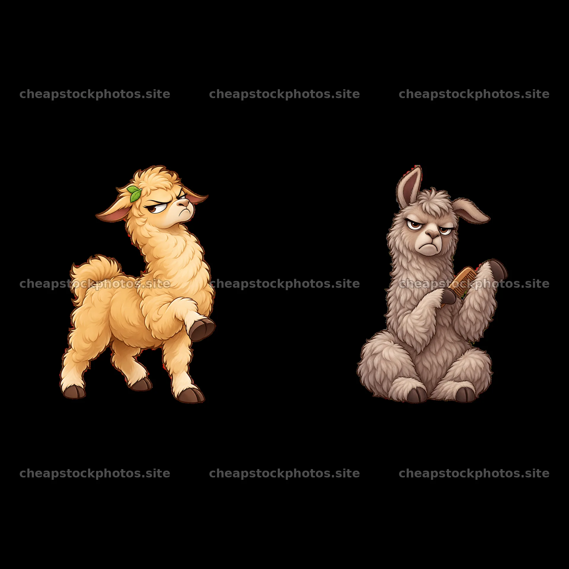 Grumpy llama characters, one with an apple, the other with a brush – stock photos 7746x7746