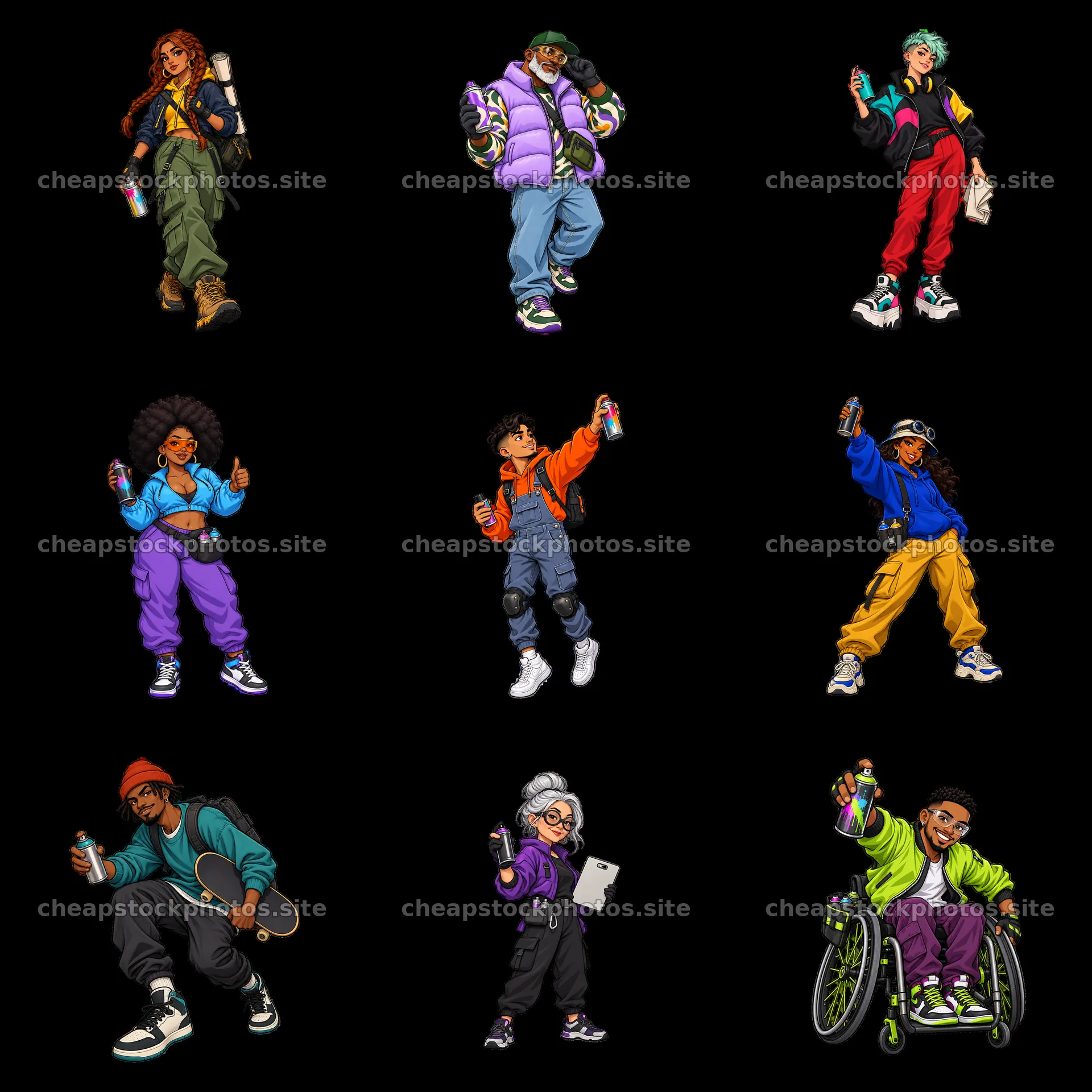 Cartoon streetwear characters with spray paint in a 3x3 layout – stock photos 7746x7746