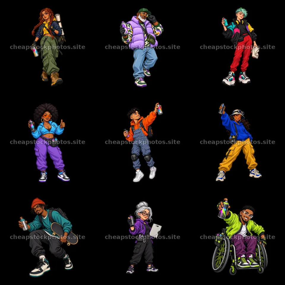 Cartoon streetwear characters with spray paint in a 3x3 layout – stock photos 7746x7746