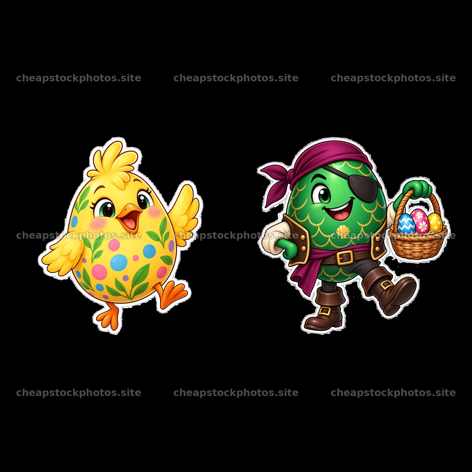 Colorful Easter egg chick and pirate egg carrying a basket – stock photos 7746x7746