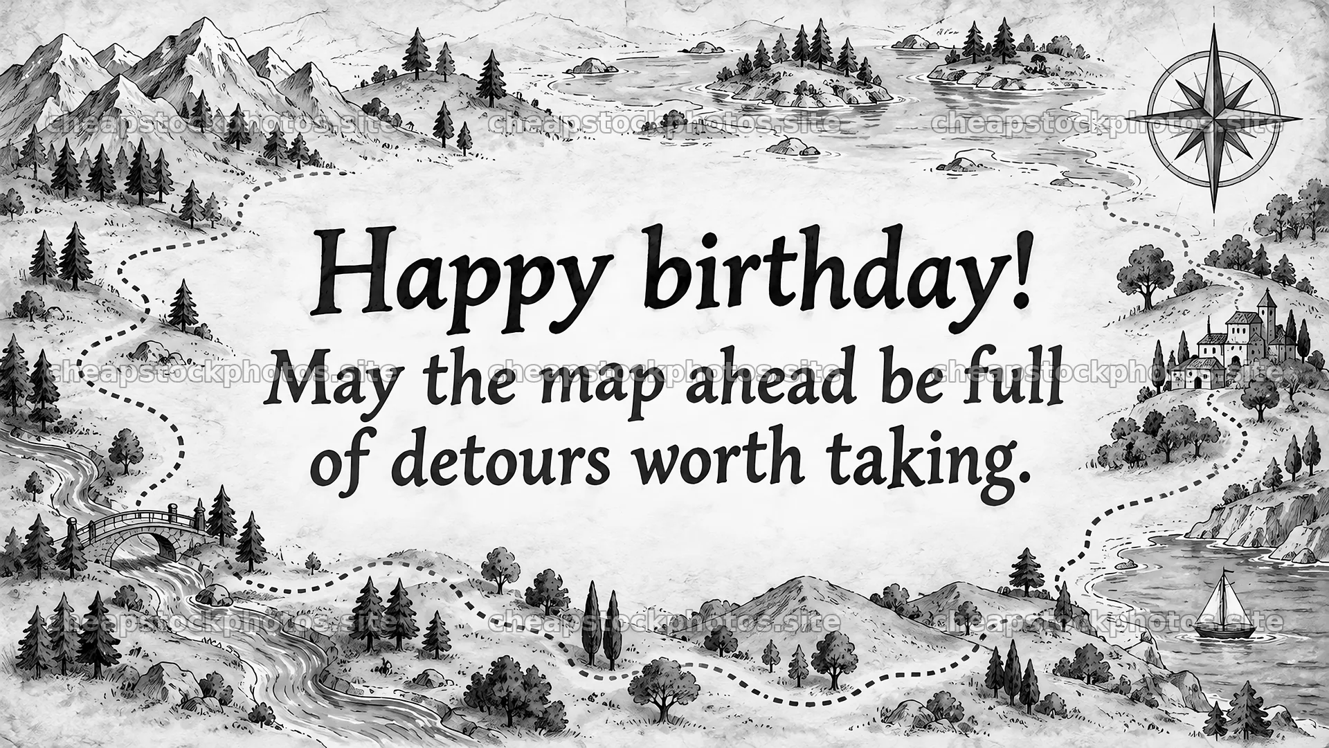 Monochrome Birthday Adventure Map Greeting – stock photos 10324x5812