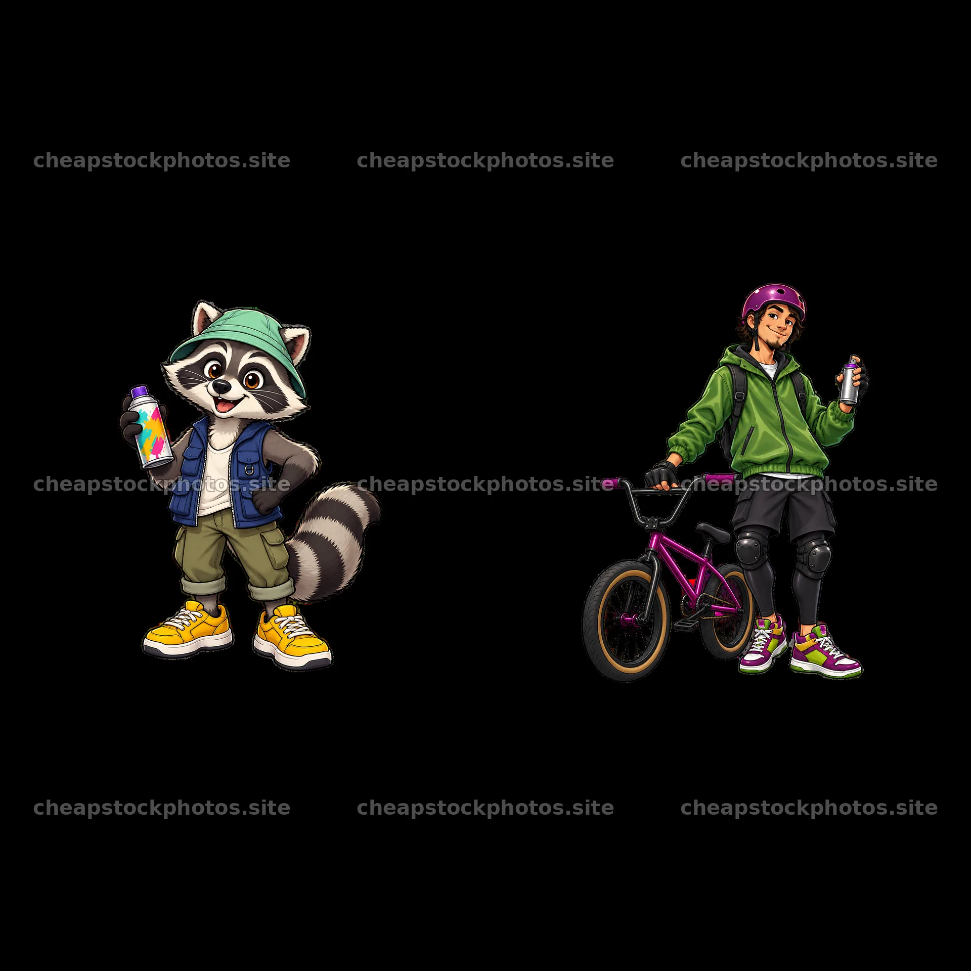 Cool graffiti sprayer raccoon and kid on bike with spray paint – stock photos 7746x7746