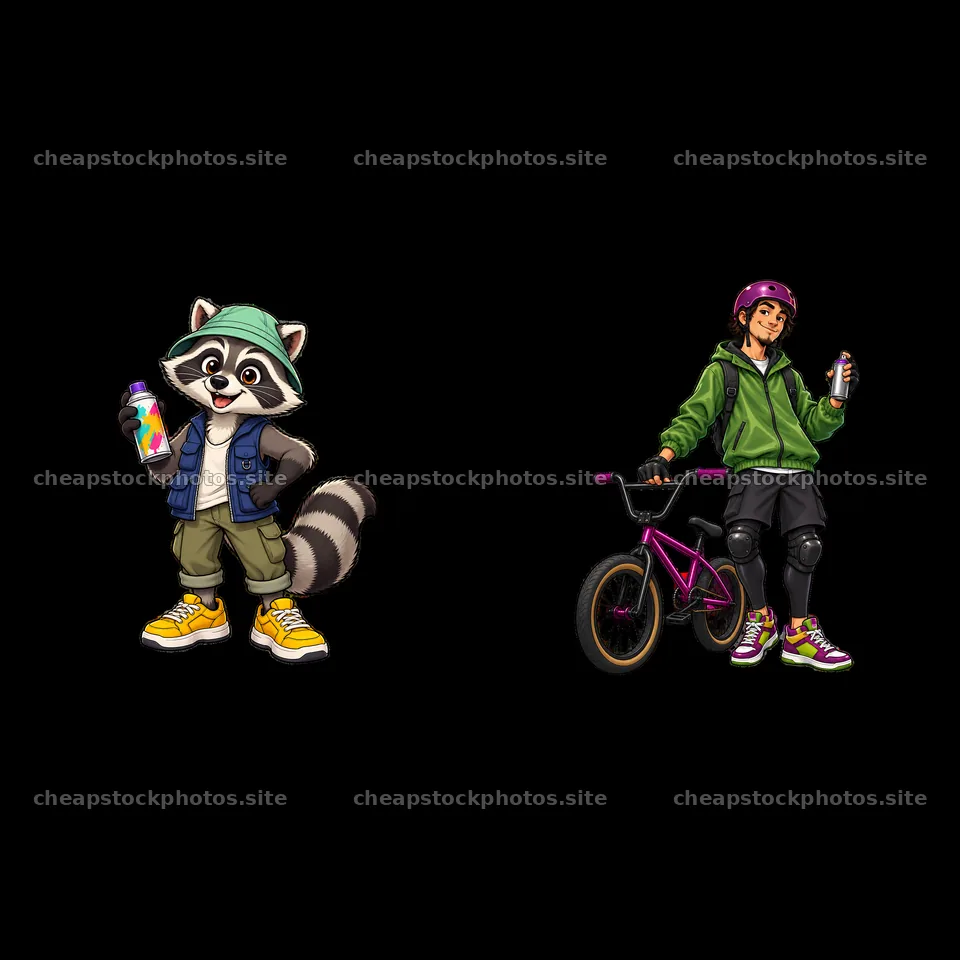 Cool graffiti sprayer raccoon and kid on bike with spray paint – stock photos 7746x7746