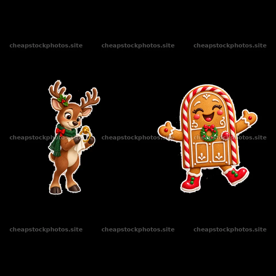 Reindeer holding a gift beside a cheerful gingerbread door – stock photos 7746x7746