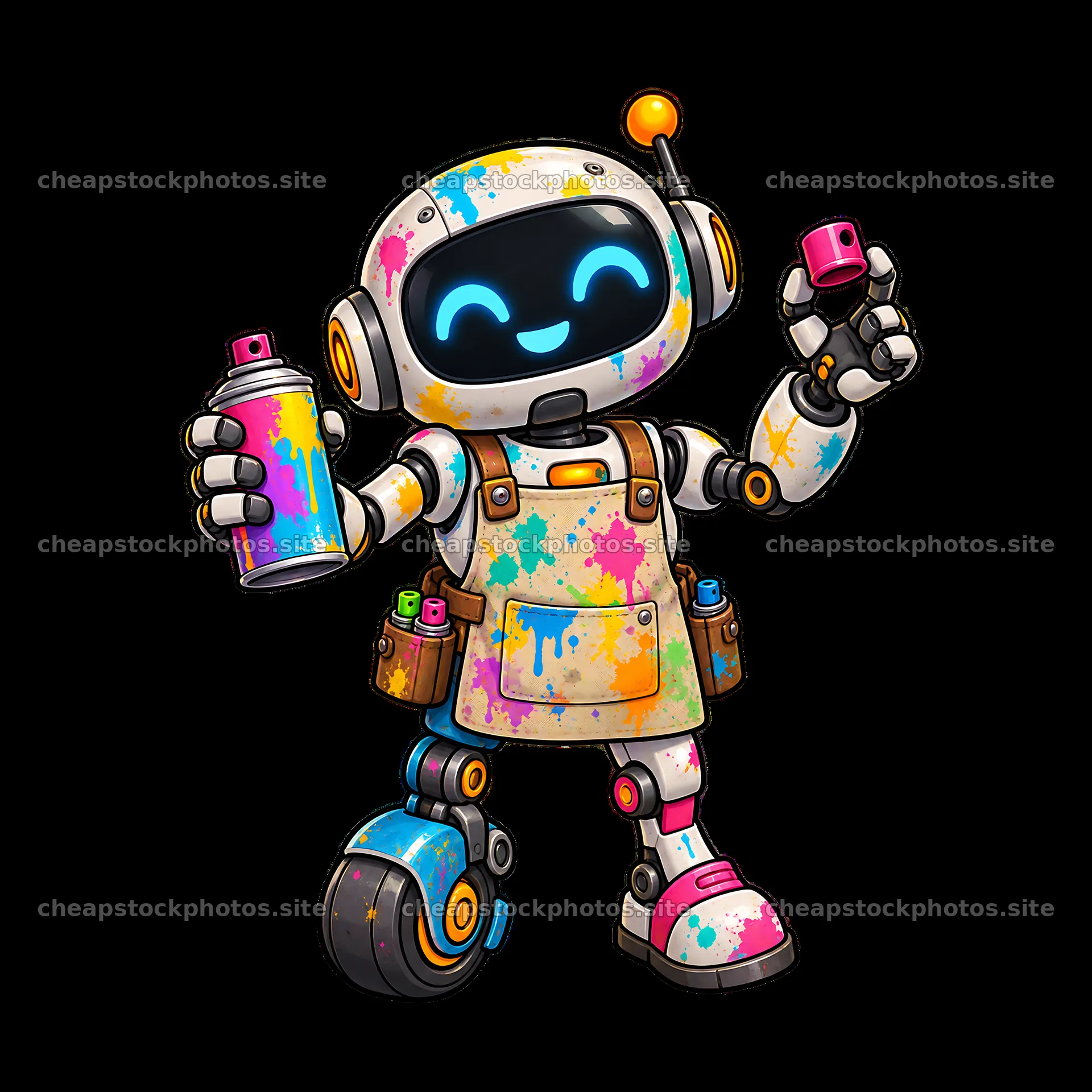 Colorful graffiti sprayer robot holding paint spray cans – stock photos 7746x7746