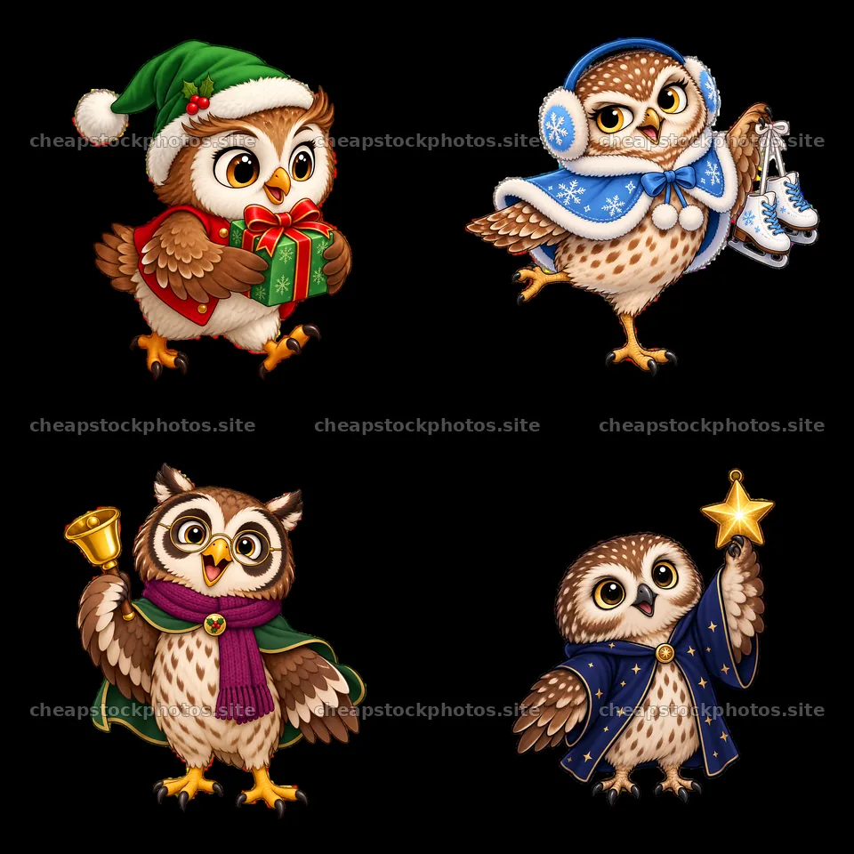 Christmas owls with gifts, skates, bell, and star in four sections – stock photos 7746x7746