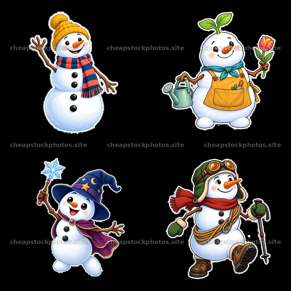 Snowman characters in four playful poses with seasonal accessories – stock photos 7746x7746