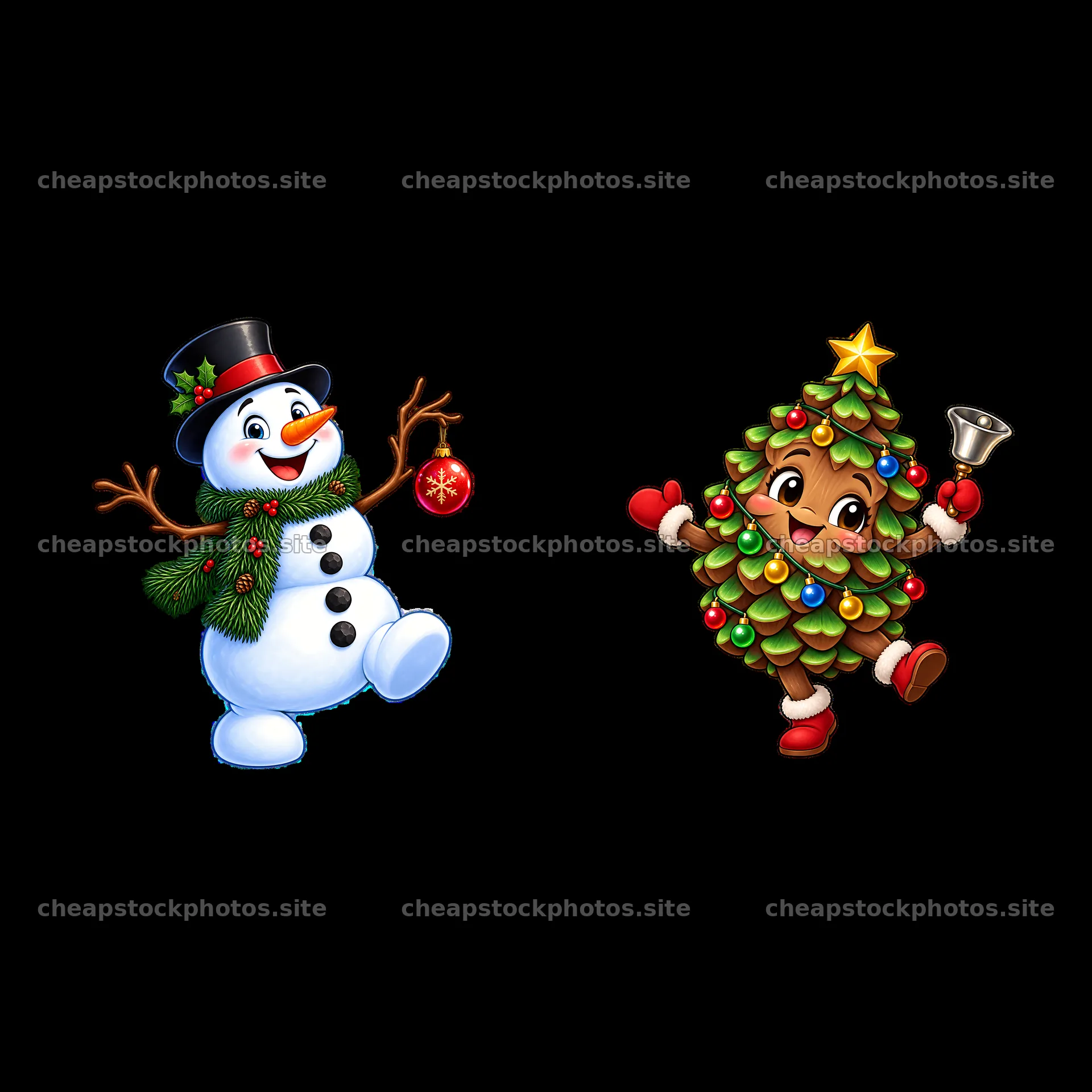 Snowman holding ornament and happy Christmas tree with bell – stock photos 7746x7746