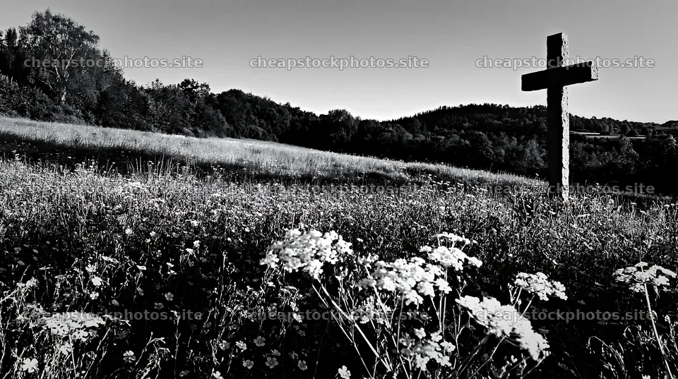 Christian cross in a morning meadow with wildflowers – stock photos 10608x5938