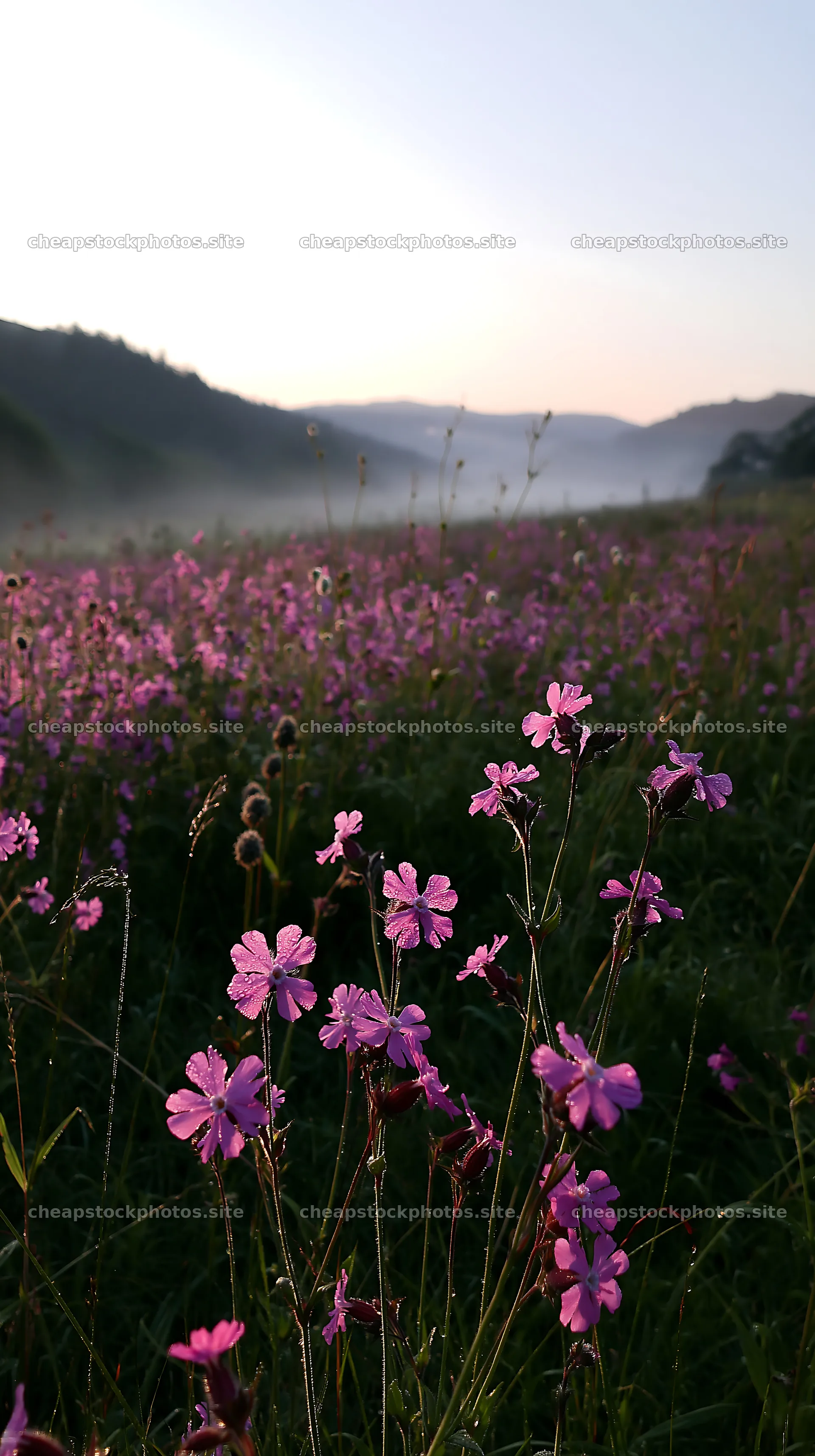 Pink campion meadow in a field during sunrise – stock photos 5938x10608
