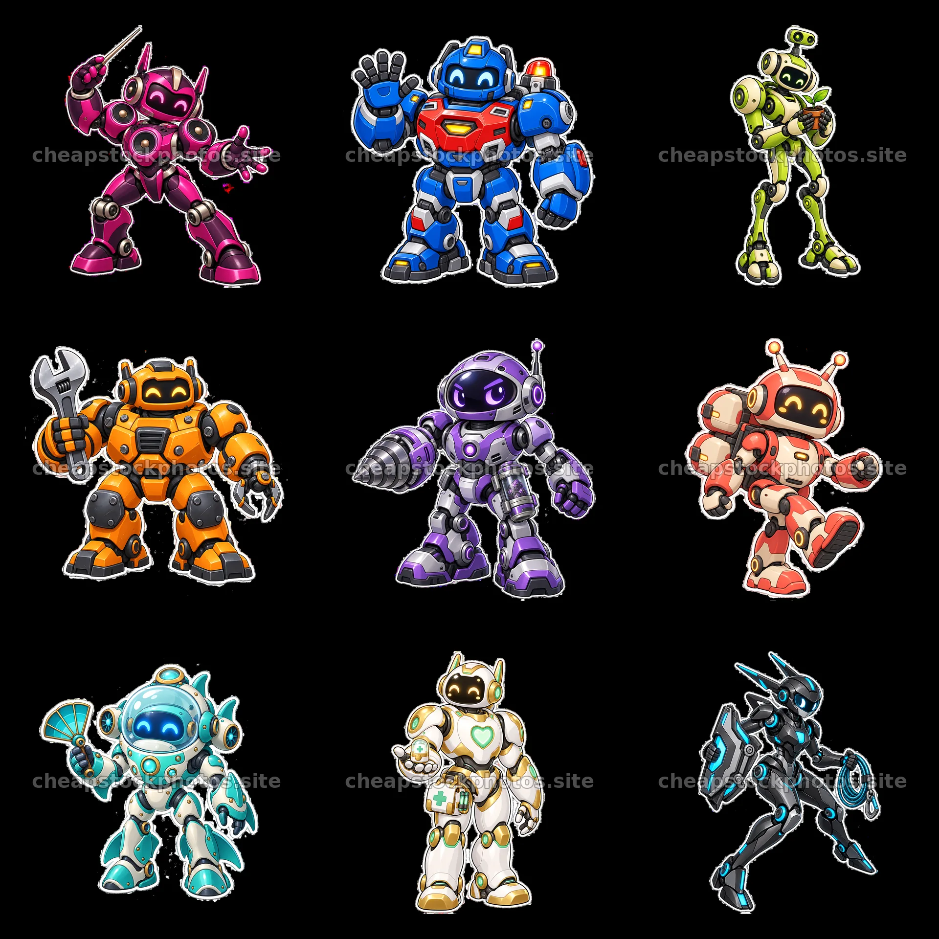 Colorful mech robot stickers in a 3x3 grid arrangement – stock photos 7746x7746