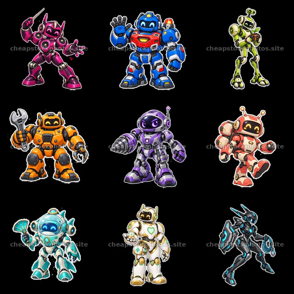 Colorful mech robot stickers in a 3x3 grid arrangement – stock photos 7746x7746