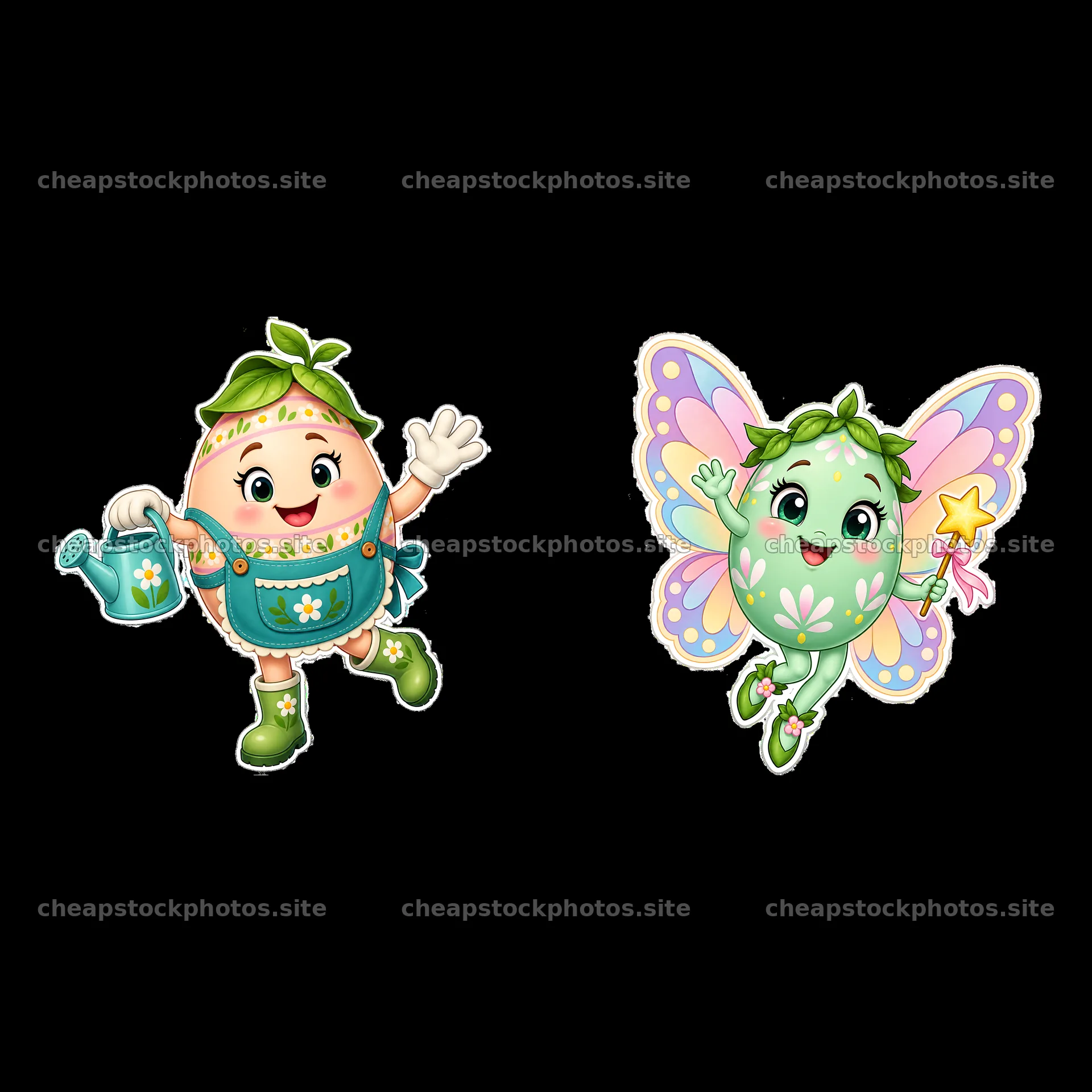 Easter egg characters with watering can and butterfly wings – stock photos 7746x7746