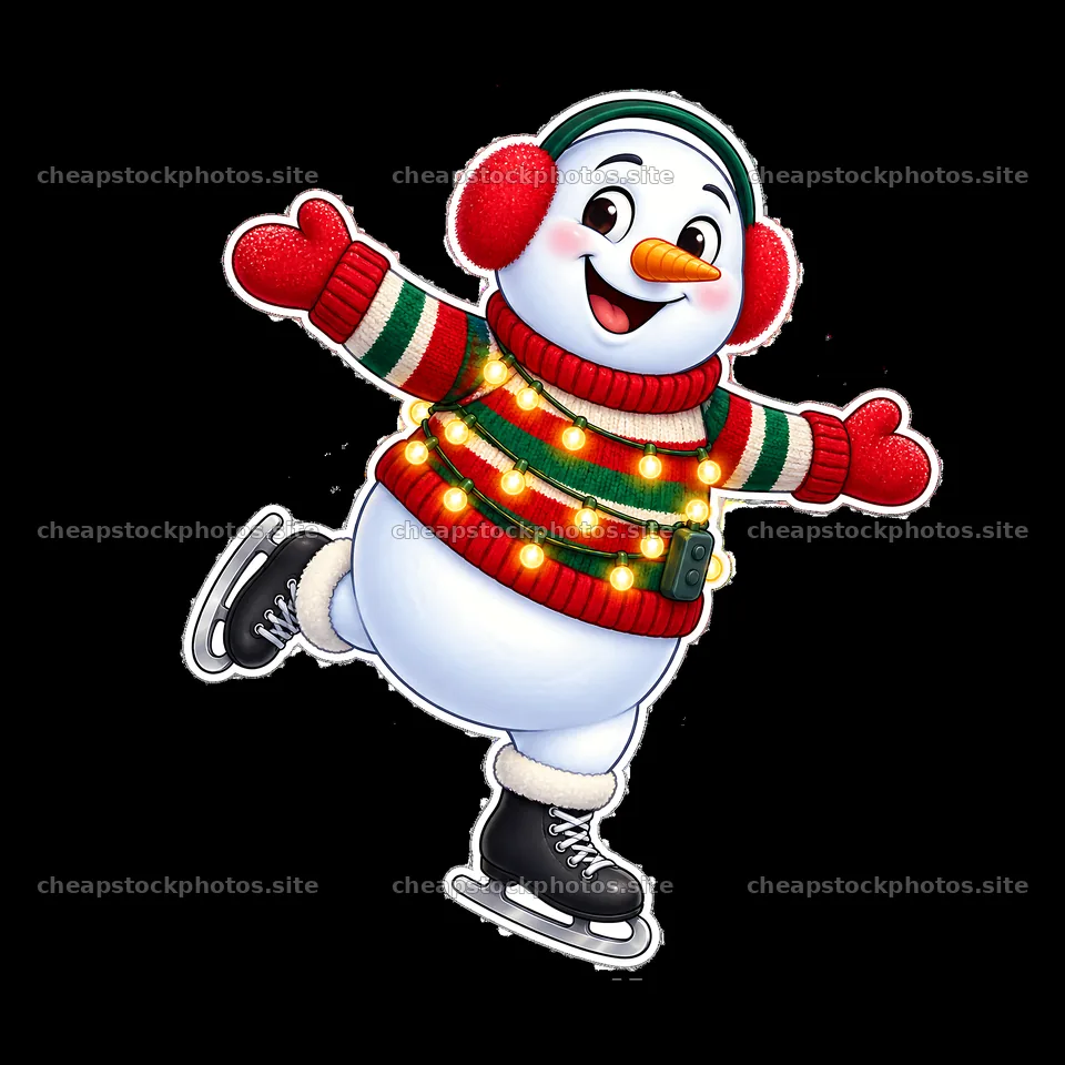 Snowman skating with string lights and festive sweater – stock photos 7746x7746