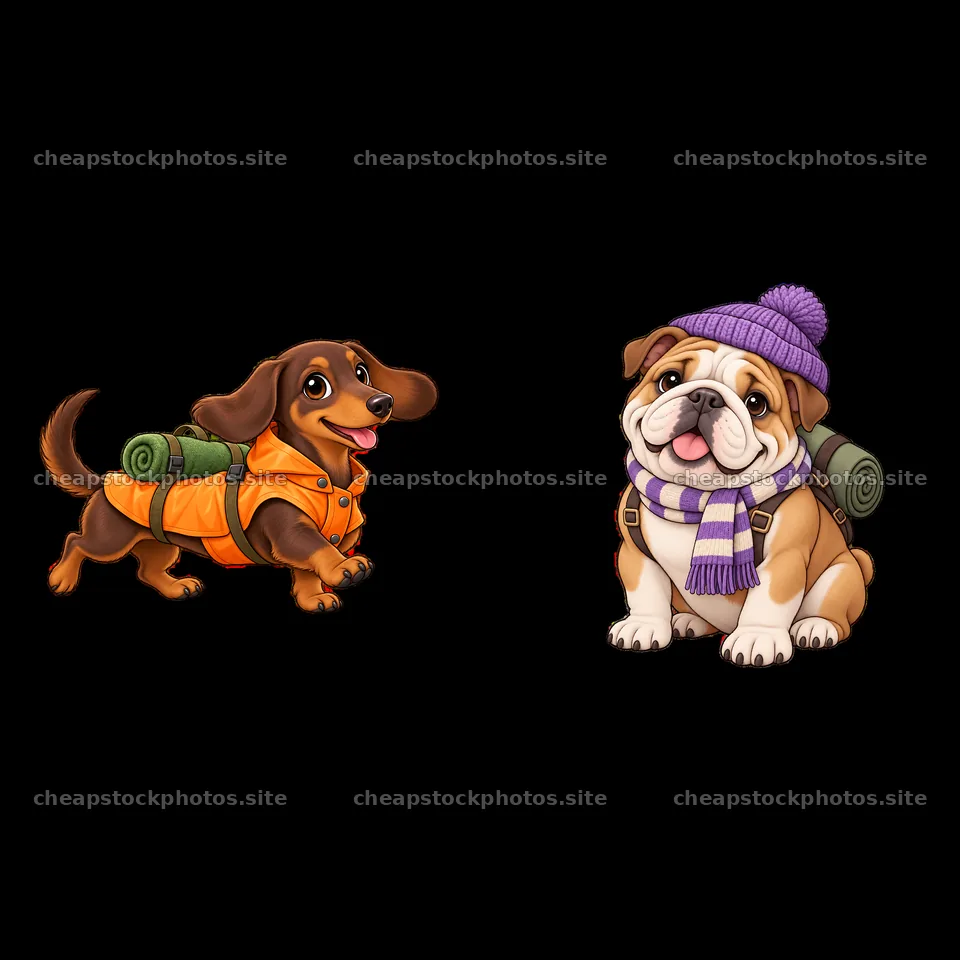 Cute cartoon dogs wearing backpacks for outdoor adventures – stock photos 7746x7746
