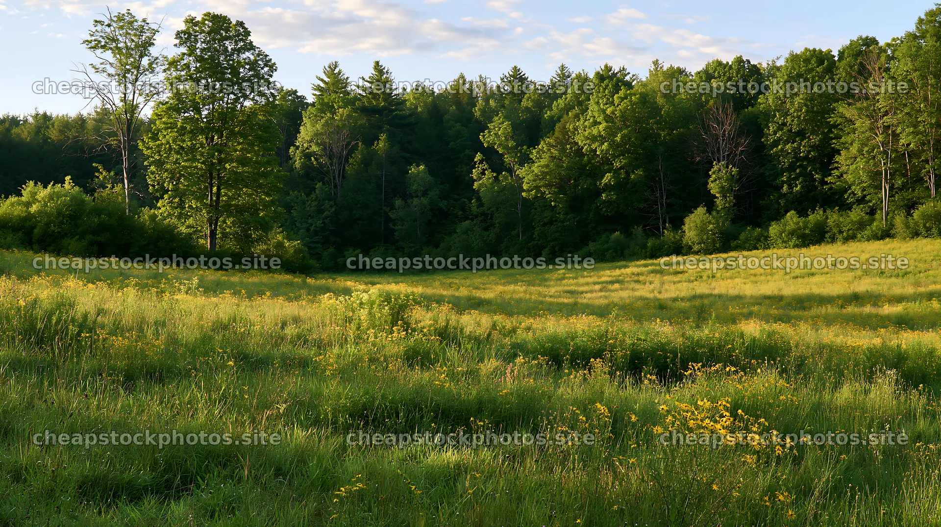 Wooded valley meadow with green grass and wildflowers – stock photos 10608x5938