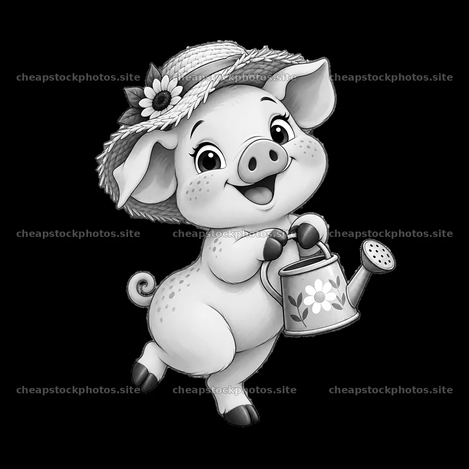 Piglet with watering can wearing a straw hat in garden – stock photos 7746x7746