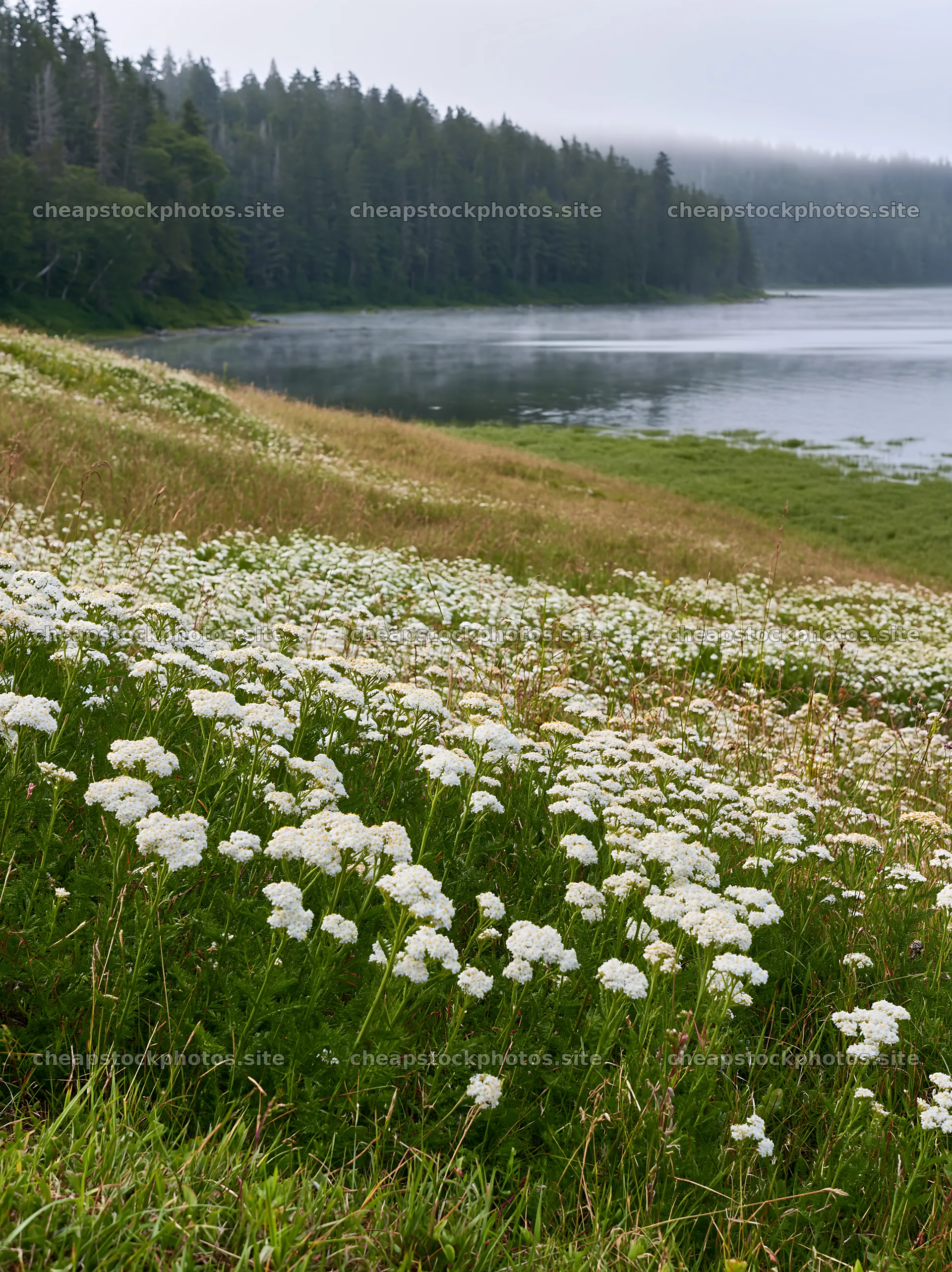 Sunny white umbel meadow near a calm lake in the forest – stock photos 6866x9174