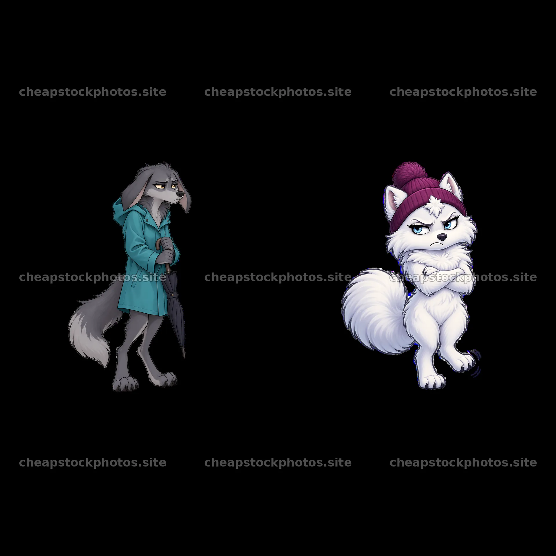 Grumpy wolf in a hoodie and annoyed wolf in a winter hat – stock photos 7746x7746