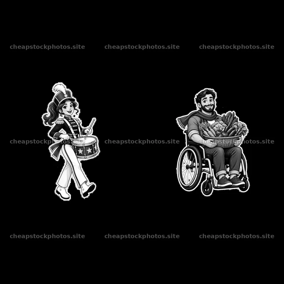 Patriotic drummer girl and happy man with a basket in a wheelchair – stock photos 7746x7746