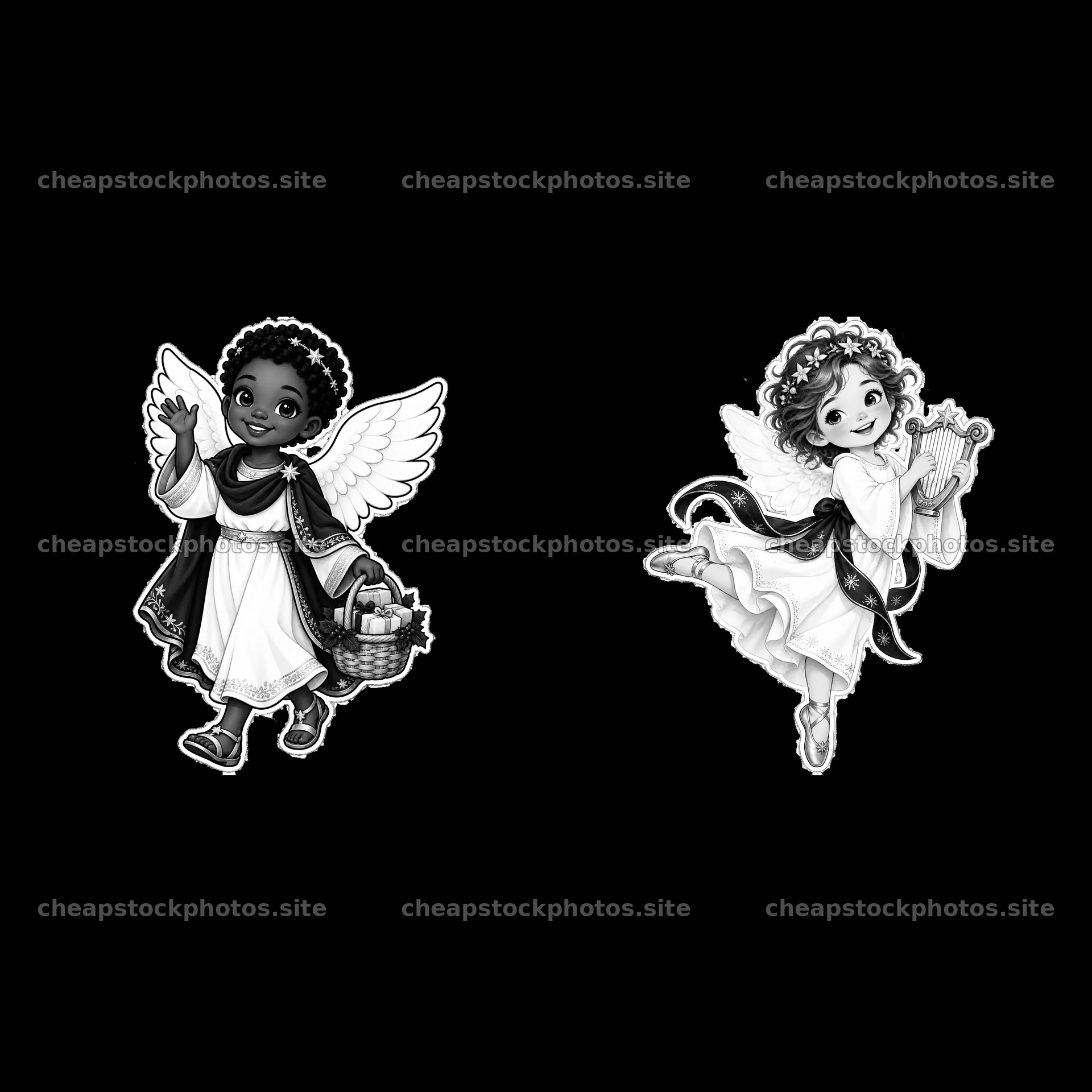 Christ Child with basket and angel playing harp in black and white – stock photos 7746x7746