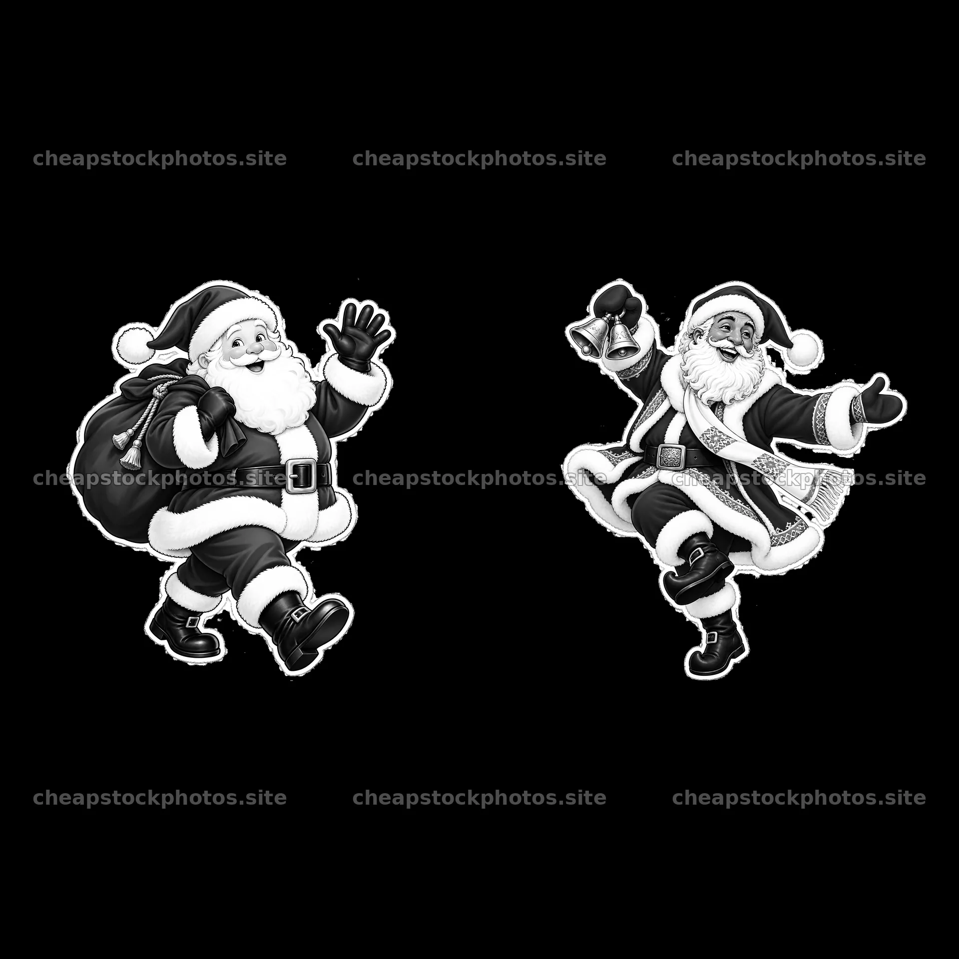 Santa Claus characters dancing with gifts and bells – stock photos 7746x7746