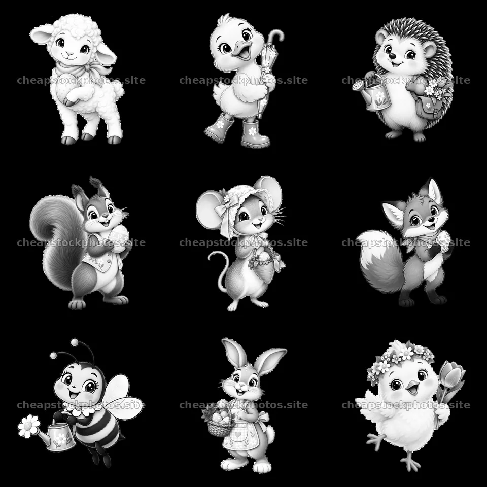 Cute animal characters celebrating Easter in a 3x3 grid – stock photos 7746x7746