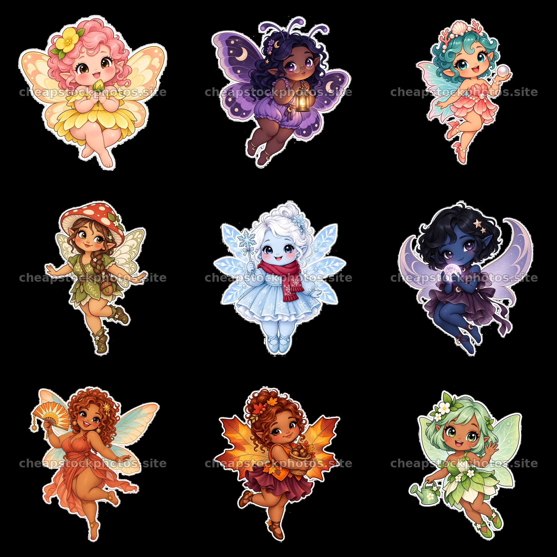Kawaii chubby fairy stickers in a playful 3x3 grid layout – stock photos 7746x7746