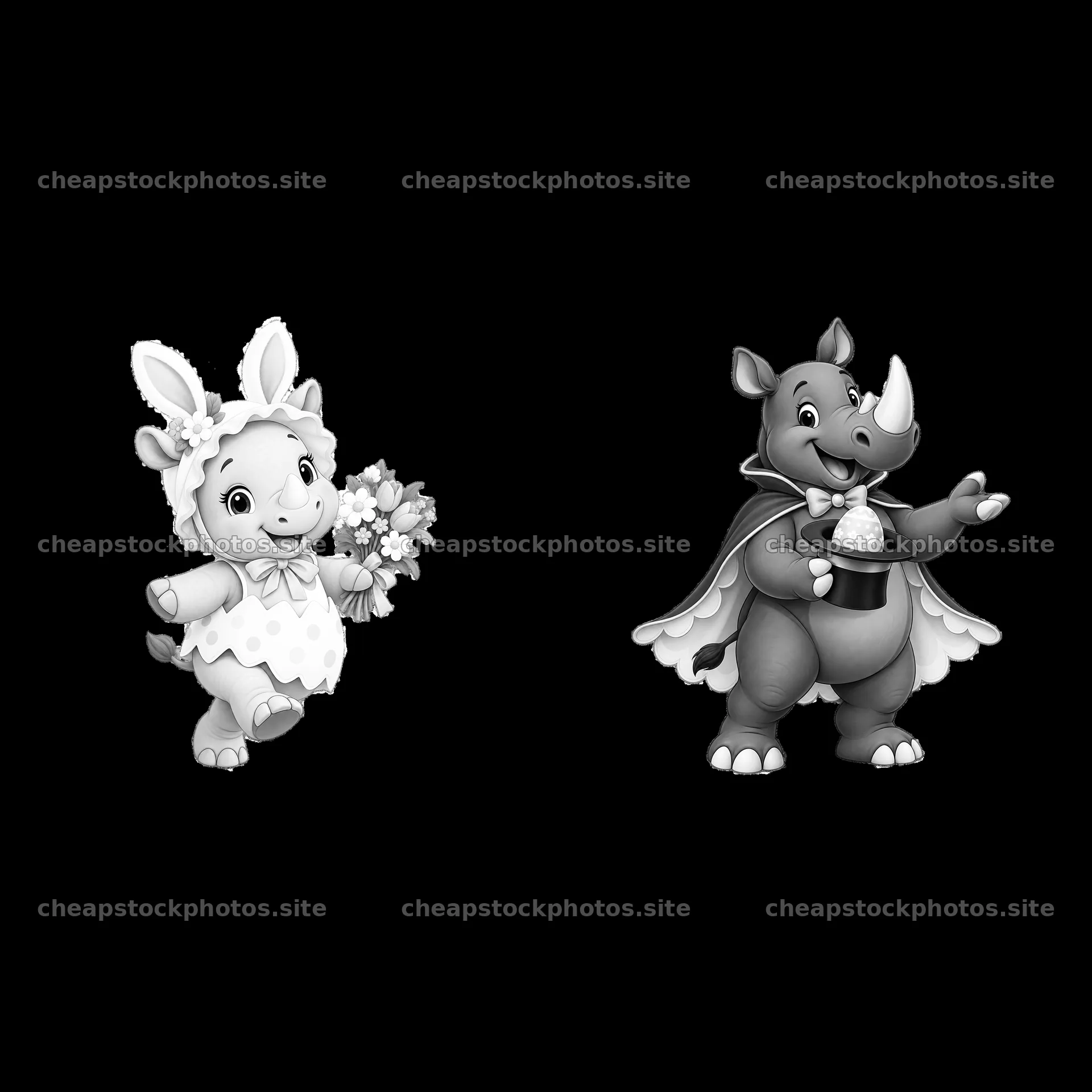 Easter rhinoceros and bunny characters sharing festive joy – stock photos 7746x7746