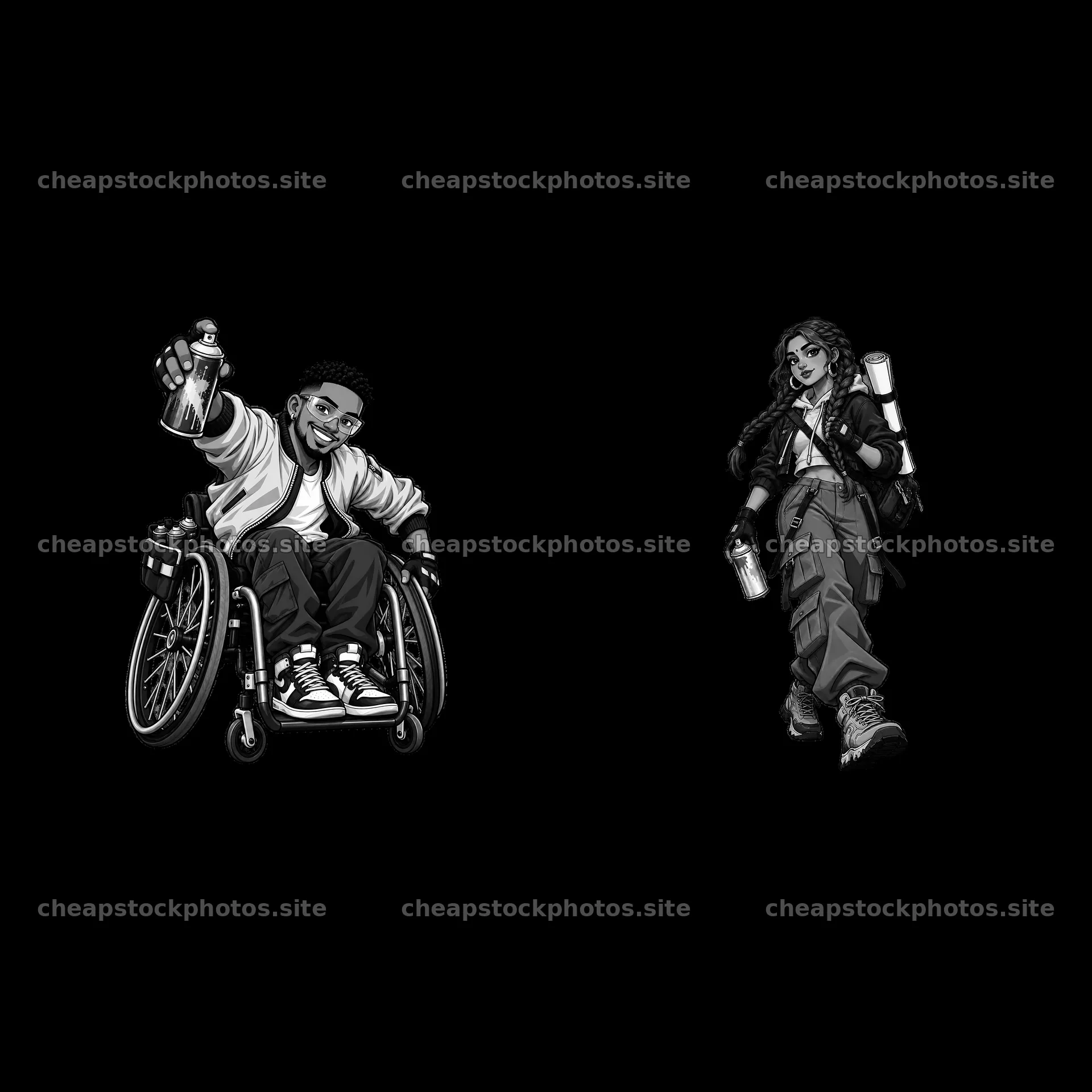 Graffiti artist in wheelchair and standing female sprayer – stock photos 7746x7746