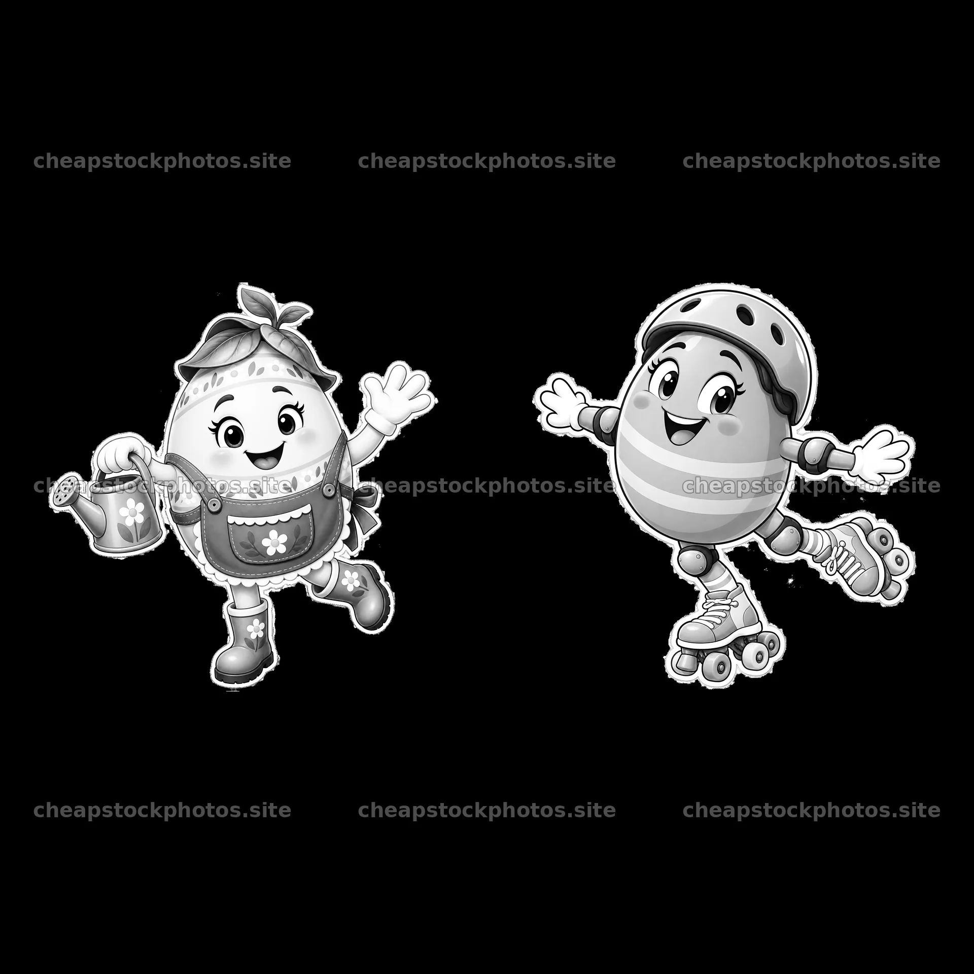 Easter egg characters with watering can and roller skates – stock photos 7746x7746