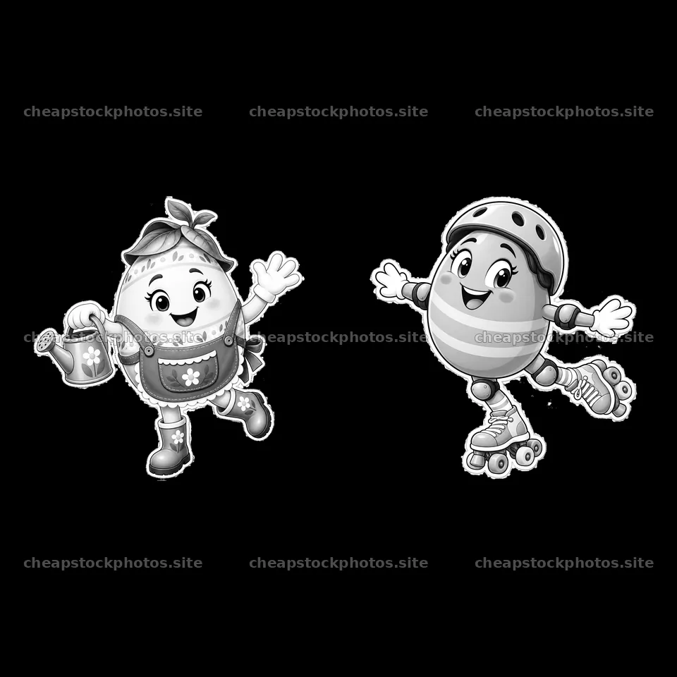 Easter egg characters with watering can and roller skates – stock photos 7746x7746