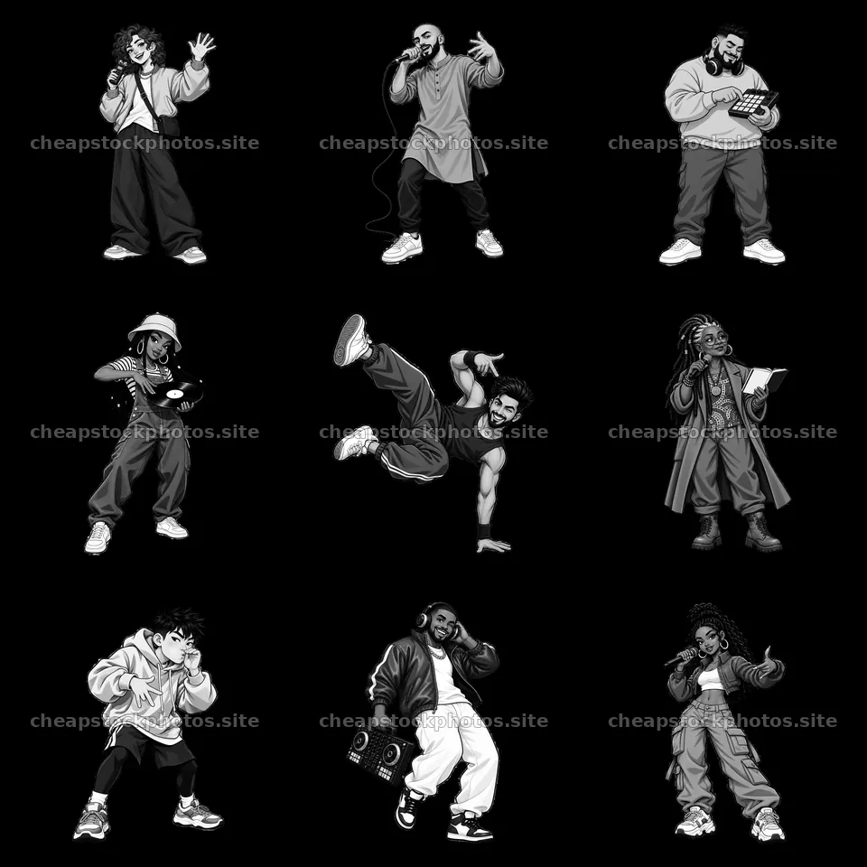 Hip-hop artists in a monochrome 3x3 cartoon sticker layout – stock photos 7746x7746