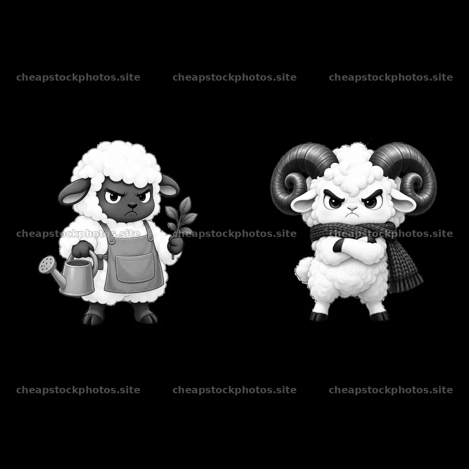 Grumpy sheep characters with accessories in a monochrome design – stock photos 7746x7746