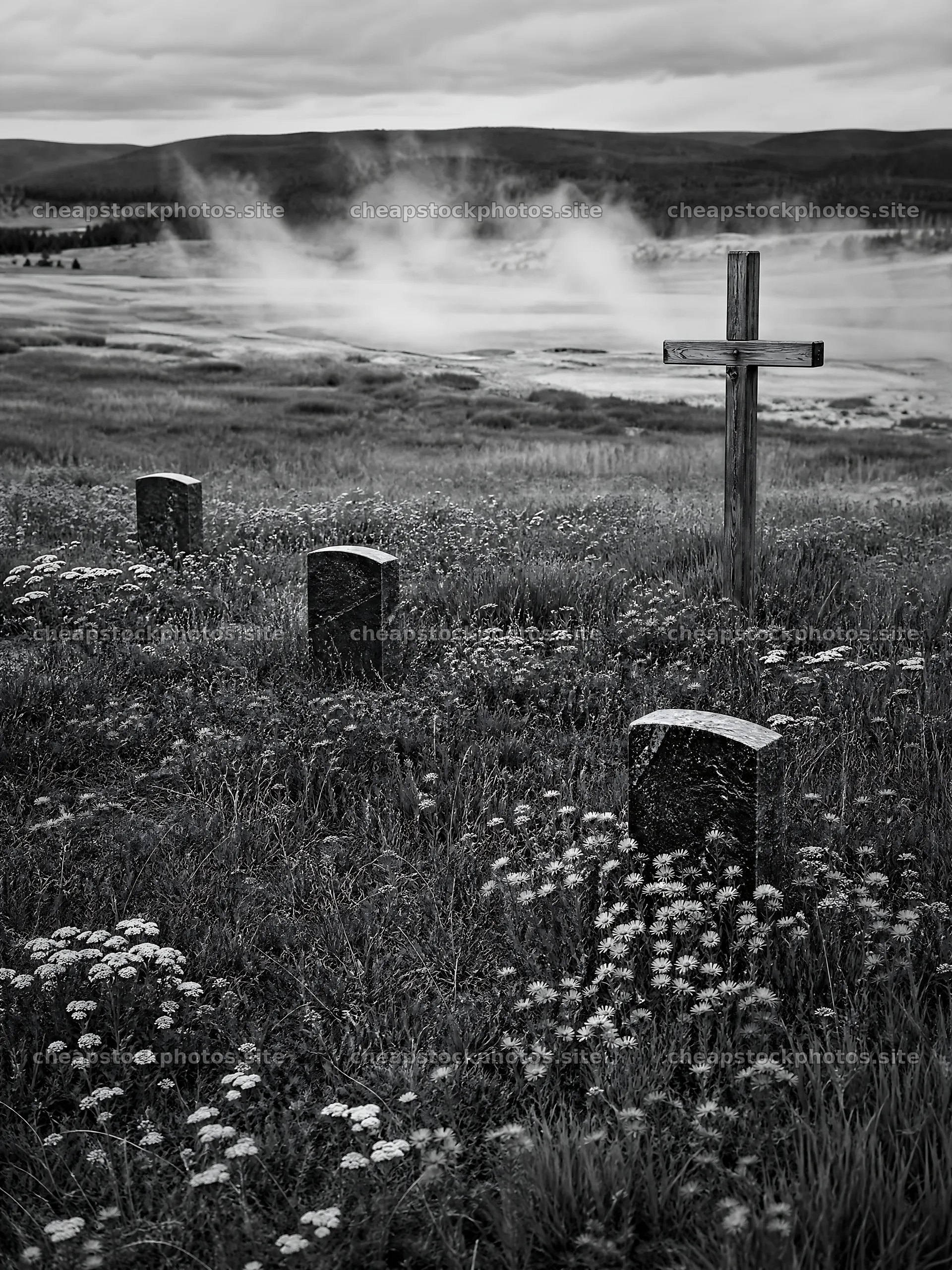 Wooden Christian cross in hot spring meadow with gravestones – stock photos 6874x9166