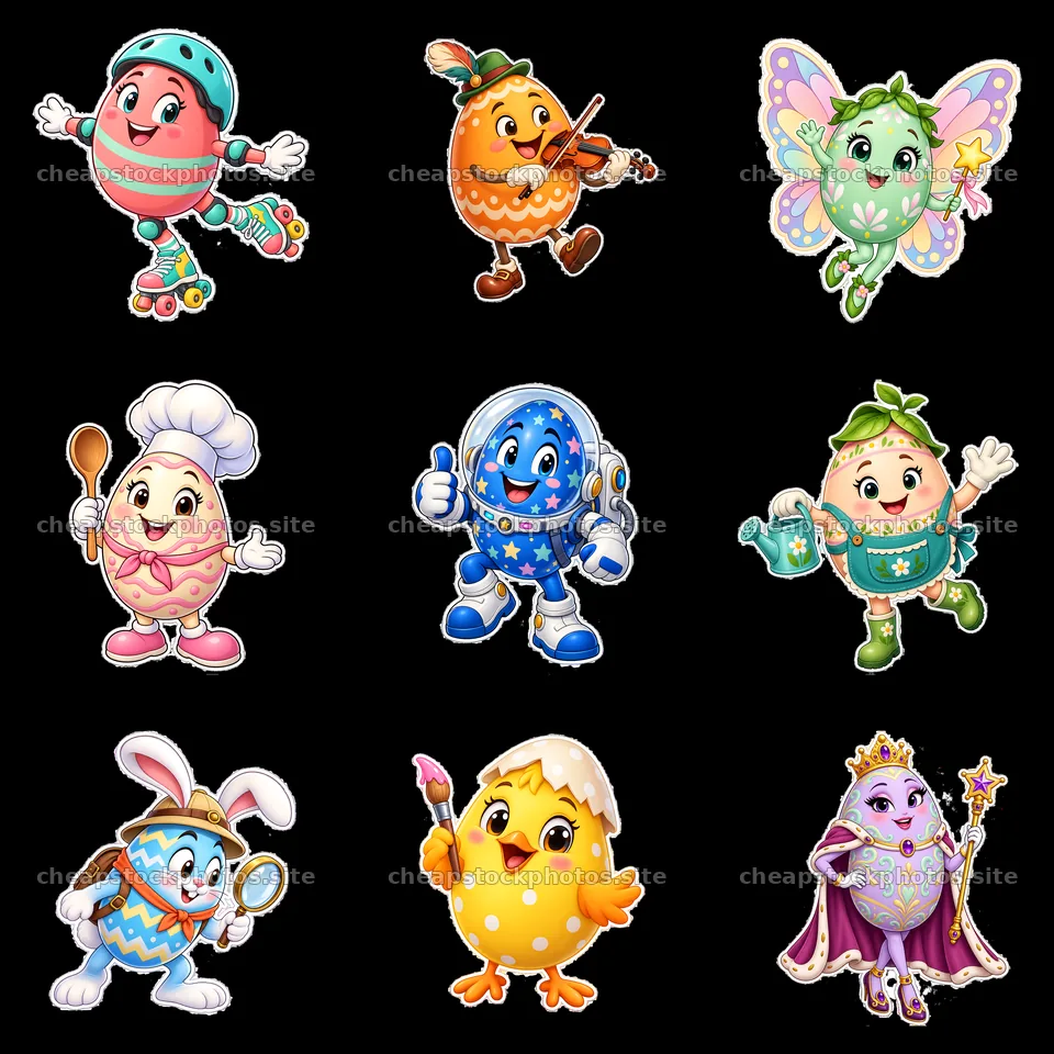 Easter eggs with characters in a 3x3 grid layout – stock photos 7746x7746