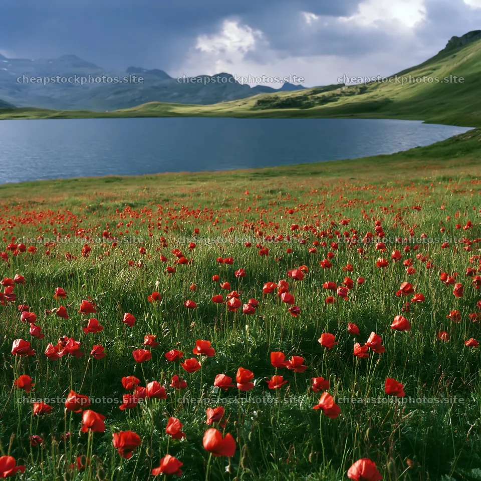 Swiss meadow beside alpine lake with red flowers – stock photos 7938x7938