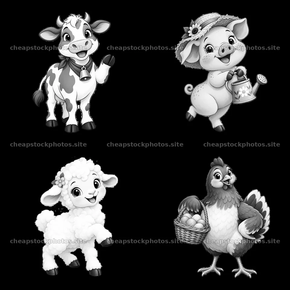 Farm animals cartoon stickers with cow, pig, sheep, and hen – stock photos 7746x7746