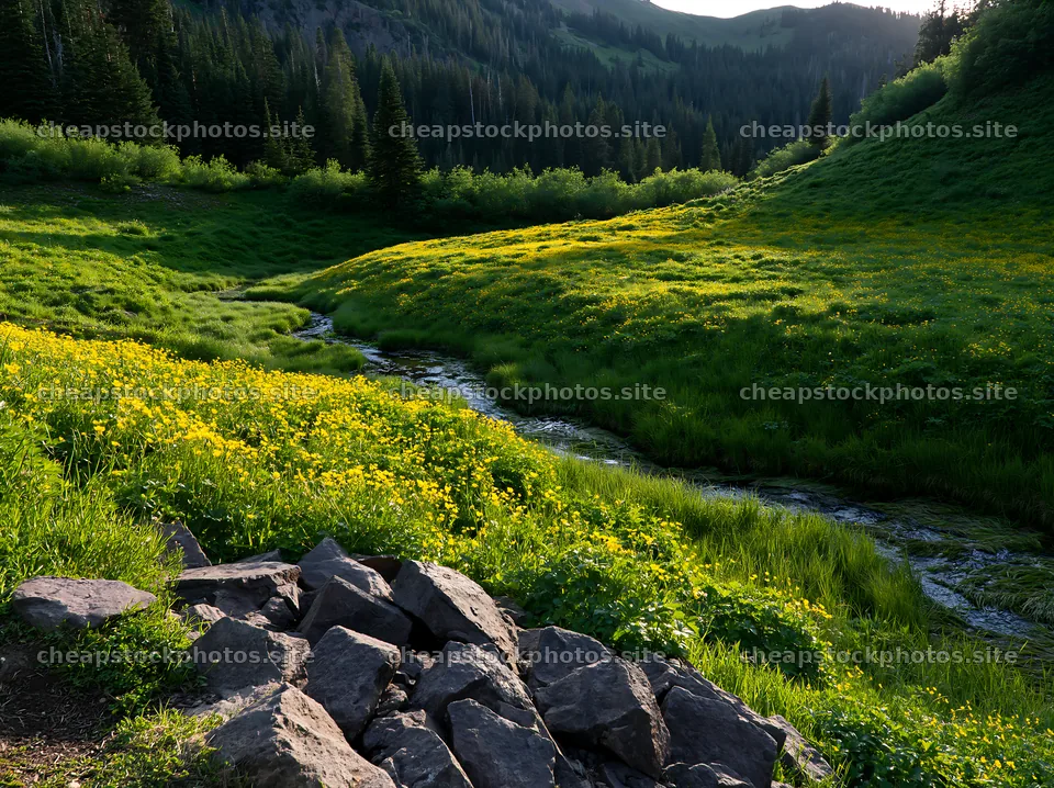 High contrast meadow with stream in mountain landscape – stock photos 9174x6866