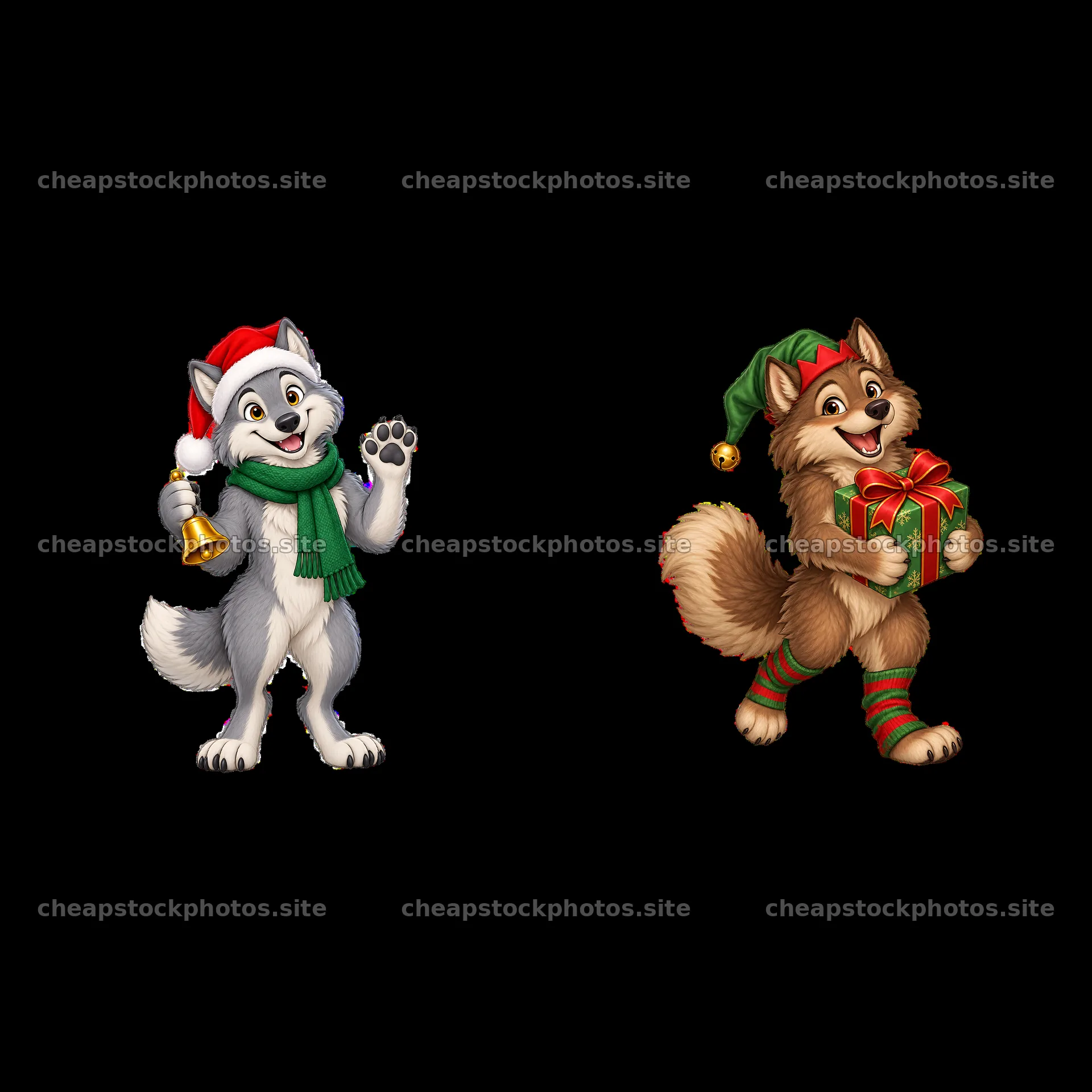 Christmas wolves with gifts and bells in festive attire – stock photos 7746x7746
