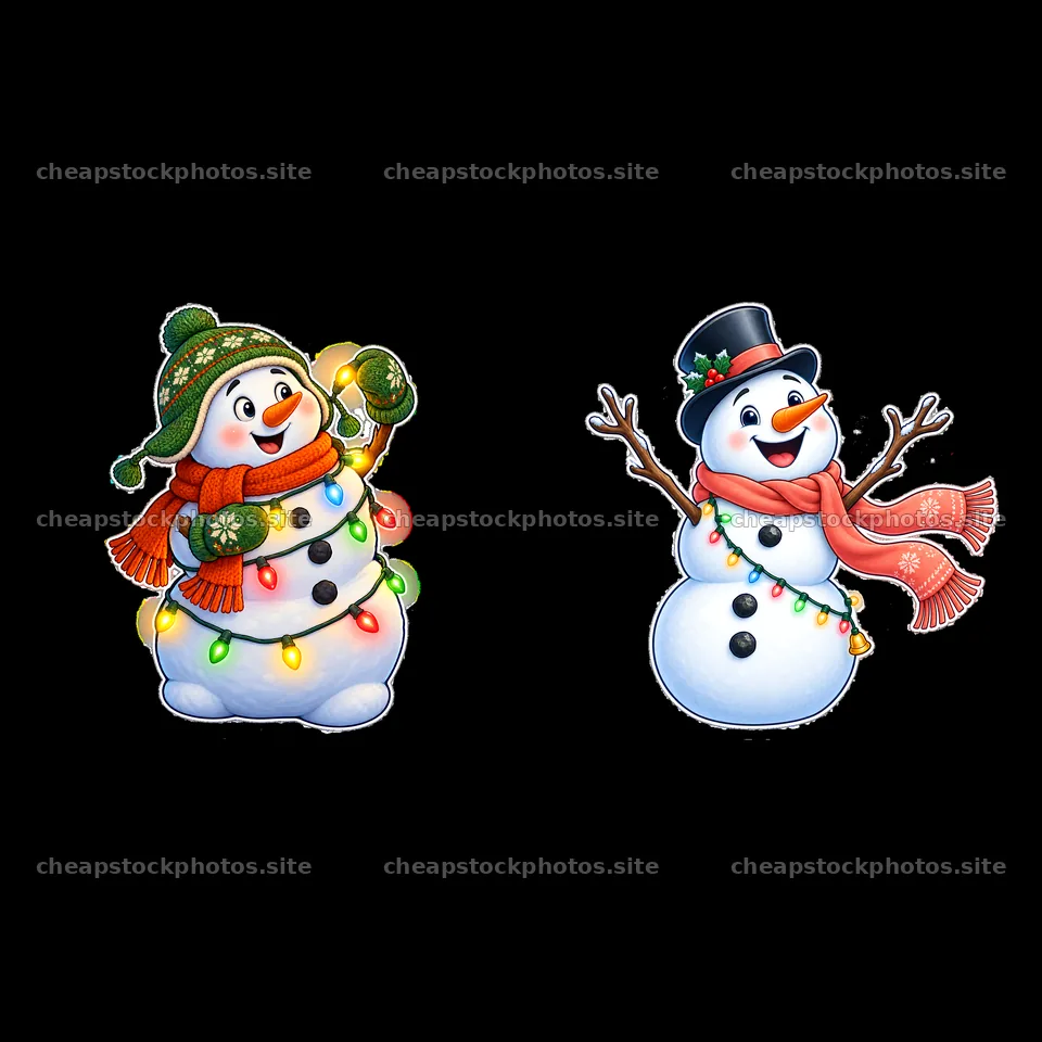 Snowmen decorated with string lights and festive accessories – stock photos 7746x7746