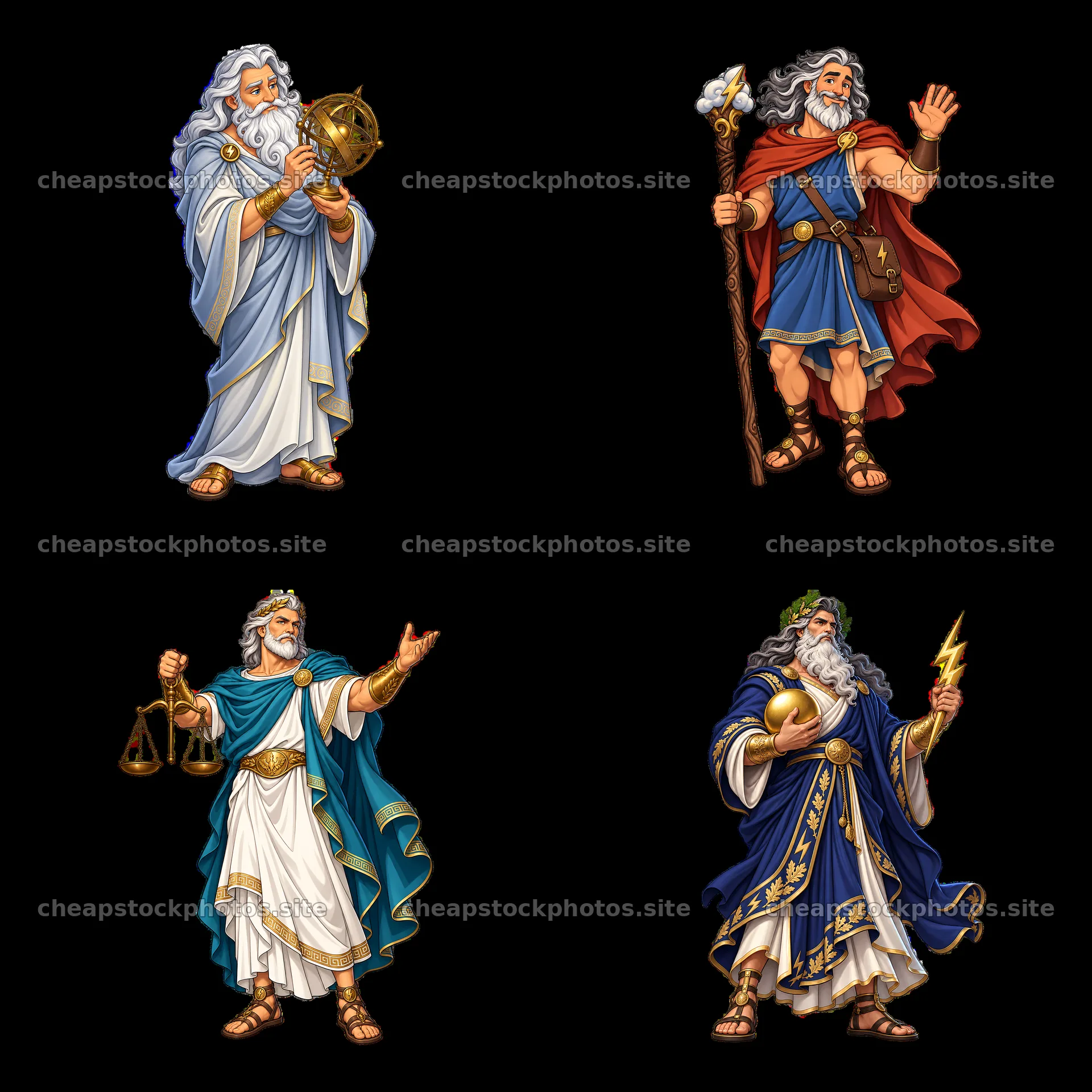 Zeus cartoon characters with symbols and actions in a 2x2 layout – stock photos 7746x7746