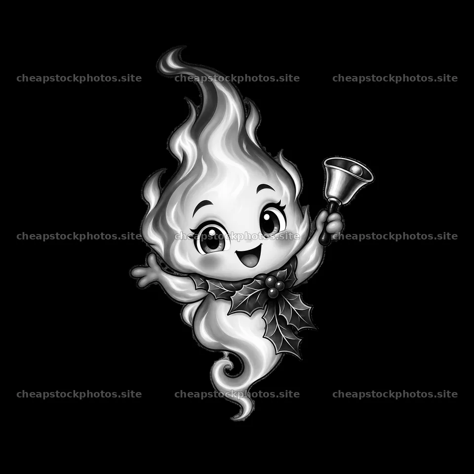 Cheerful Christmas ghost holding a bell and holly leaves – stock photos 7746x7746