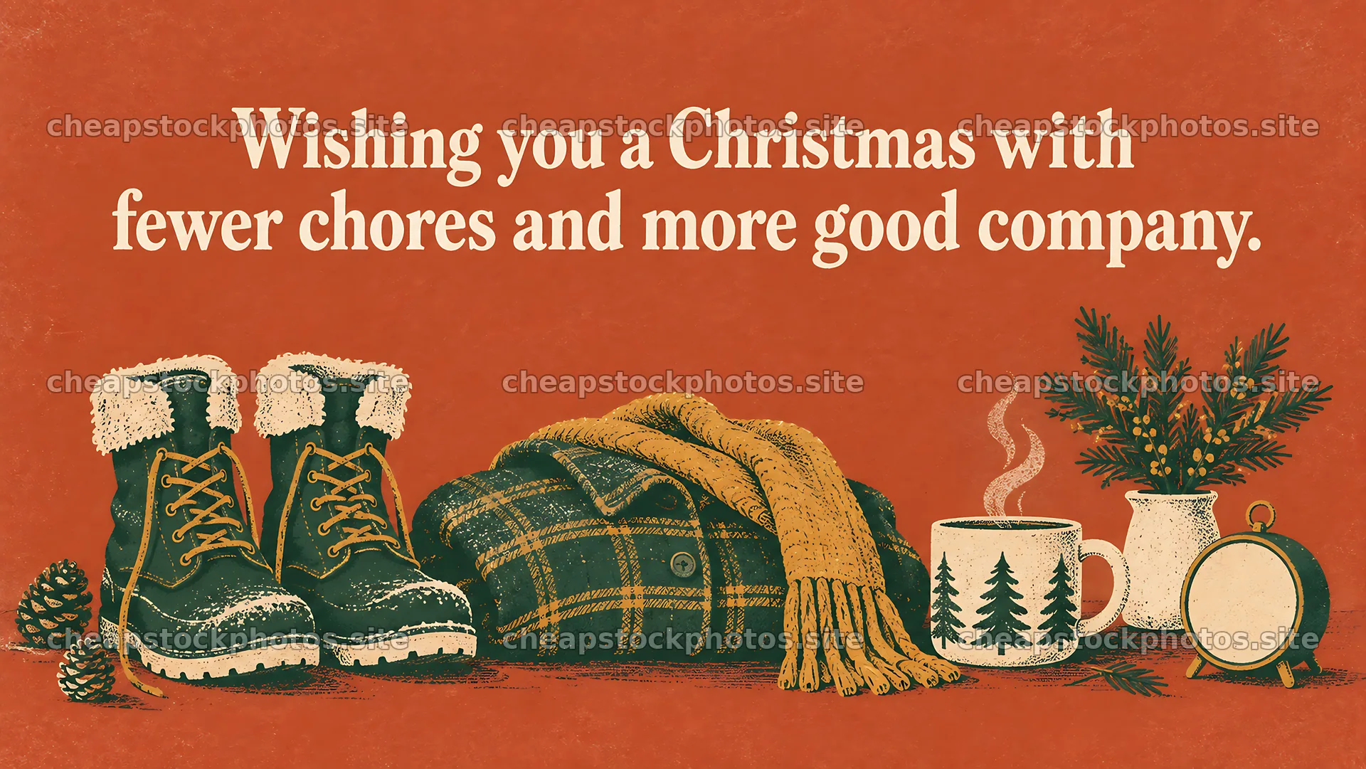 Christmas Greeting with Boots and a Steaming Mug – stock photos 10324x5812