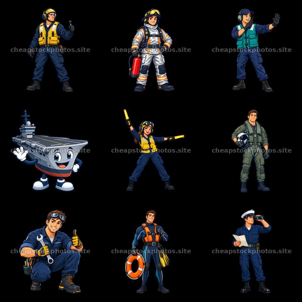 Cartoon characters in uniform on an aircraft carrier layout – stock photos 7746x7746