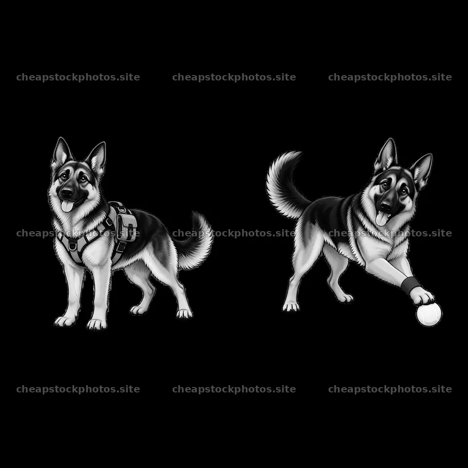 German Shepherd dogs playing and posing in black and white – stock photos 7746x7746