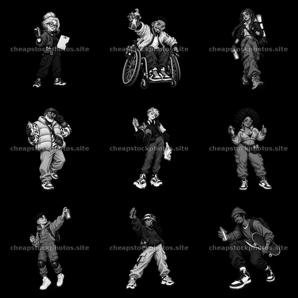 Cartoon sticker set of streetwear characters in a graffiti style – stock photos 7746x7746