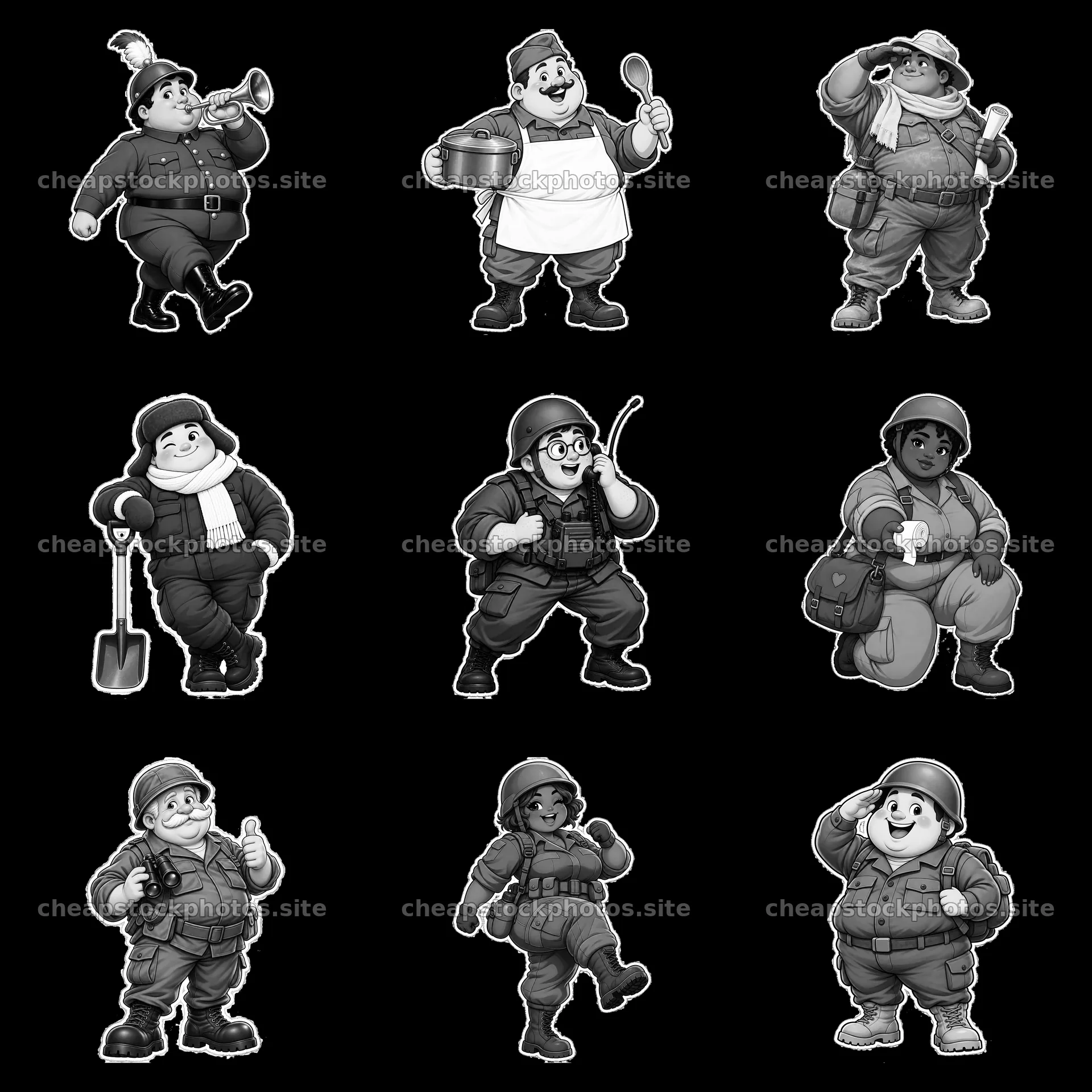 Cute ultra-chubby soldiers in a 3x3 arrangement with various actions – stock photos 7746x7746