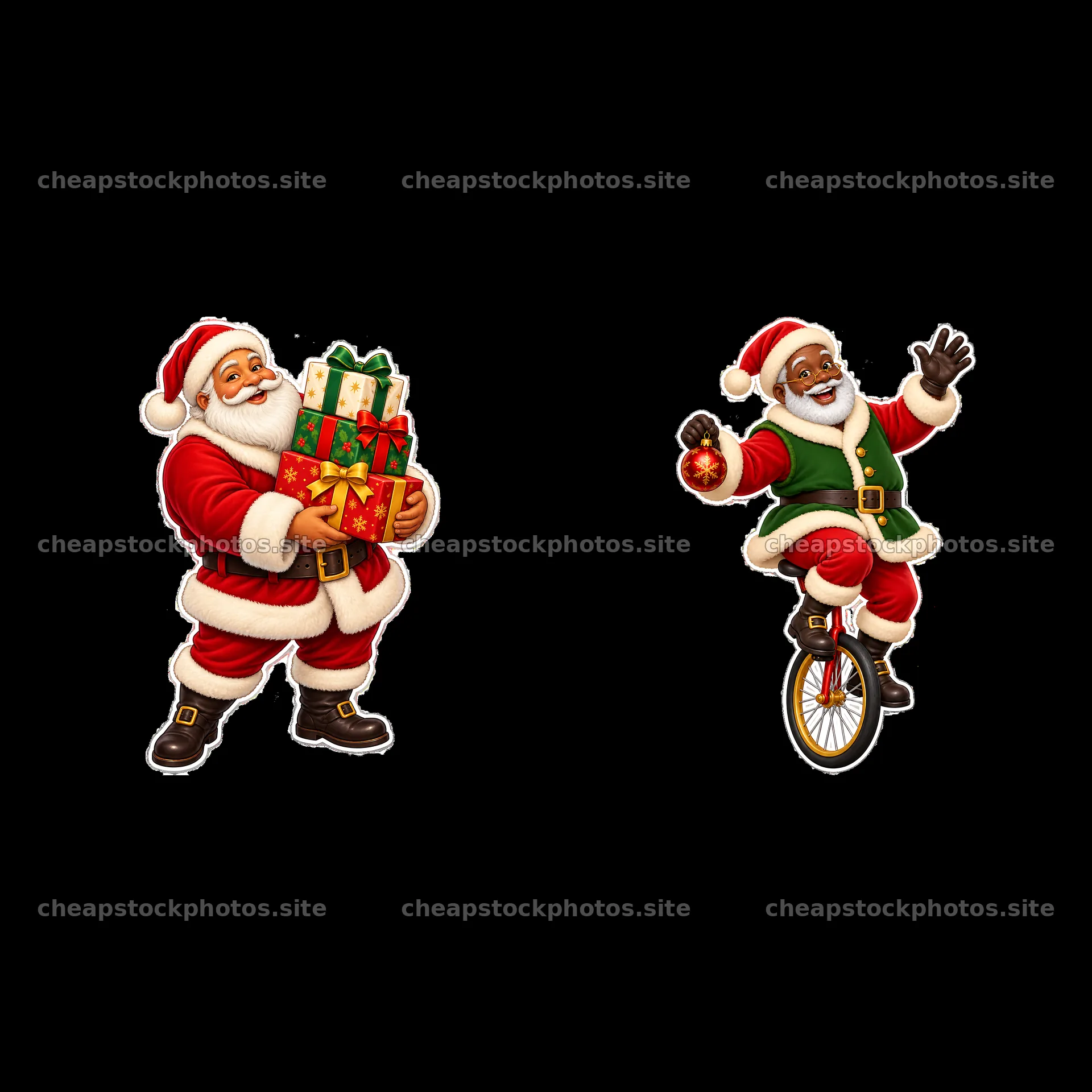 Santa Claus with gifts and Santa Claus on a unicycle – stock photos 7746x7746