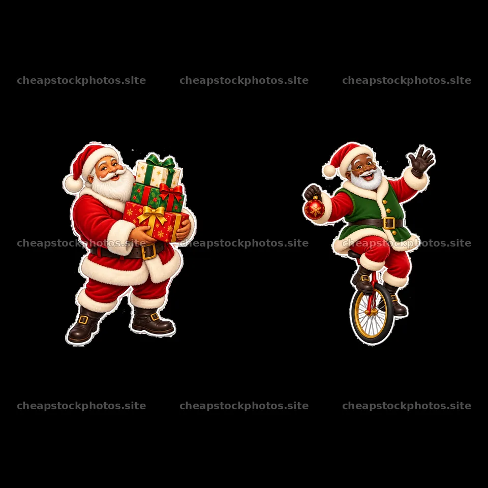 Santa Claus with gifts and Santa Claus on a unicycle – stock photos 7746x7746